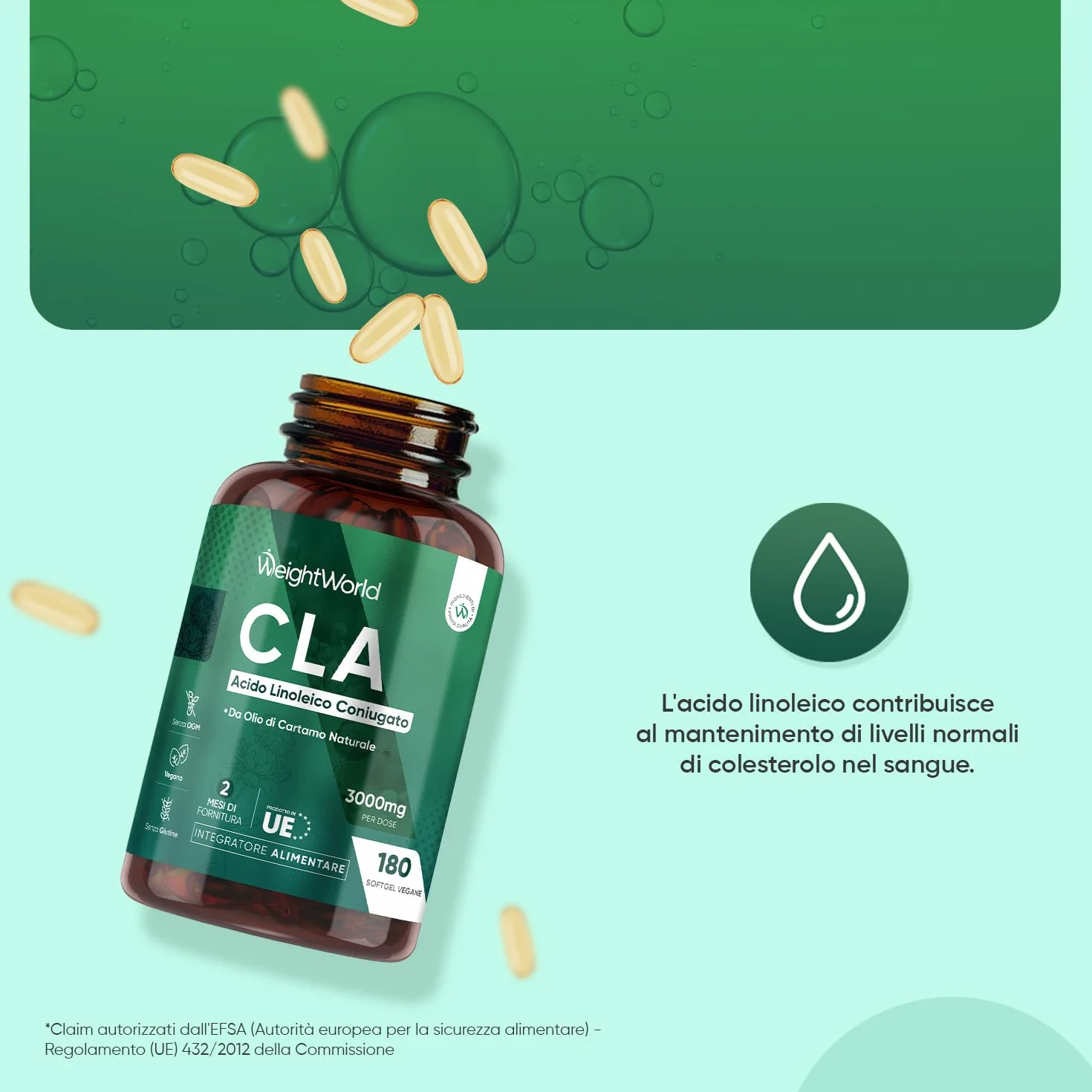 CLA 3000mg per Dose 180 Softgel Vegane 80% Acido Linoleico Coniugato Integratore Alimentare Senza Glutine