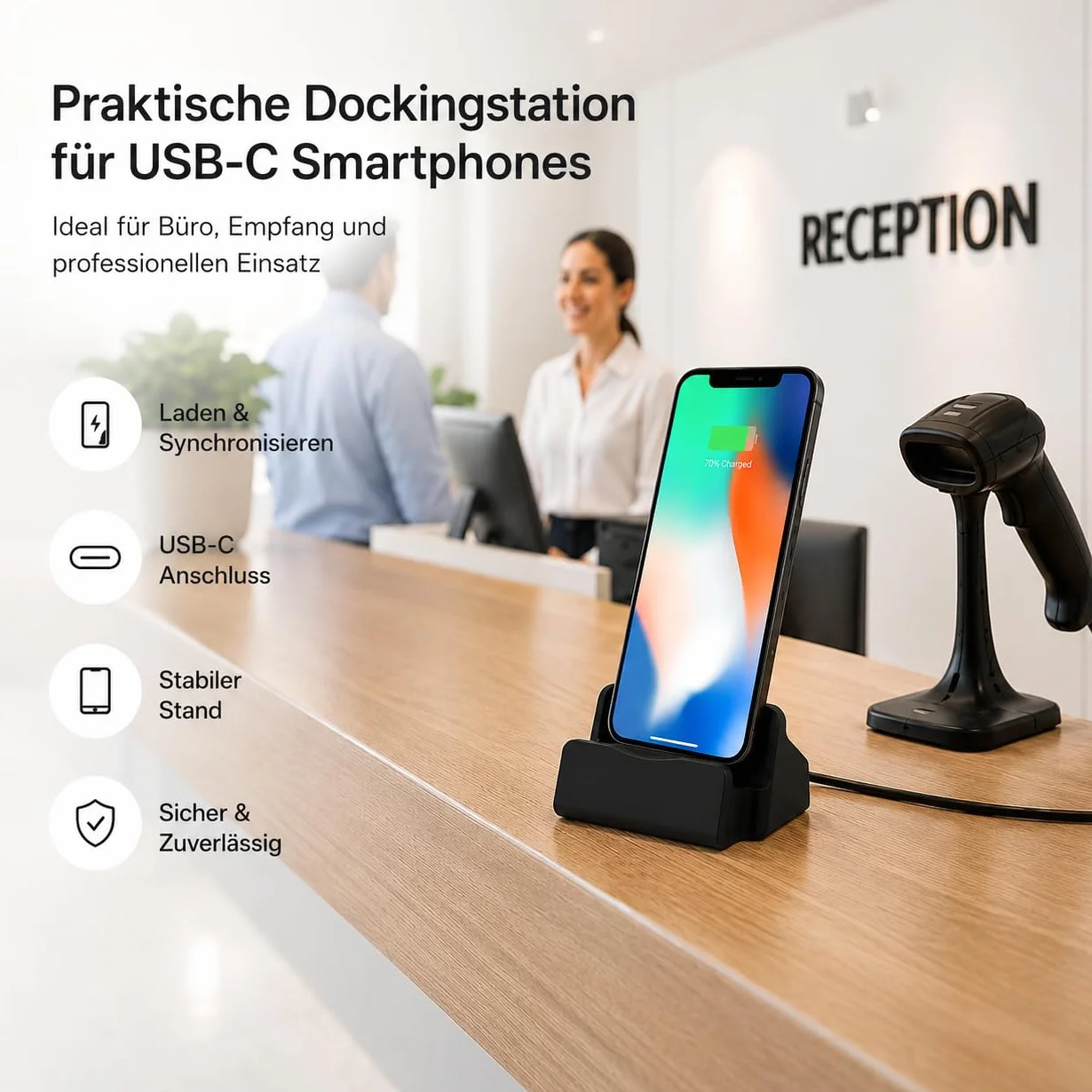 P59CS Bolwins USB Type-C - Docking station con cavo da 1 m - Stazione di ricarica da scrivania - Docking station per smartphone con porta USB-C - Sincronizzazione e ricarica - 5 V - Nero
