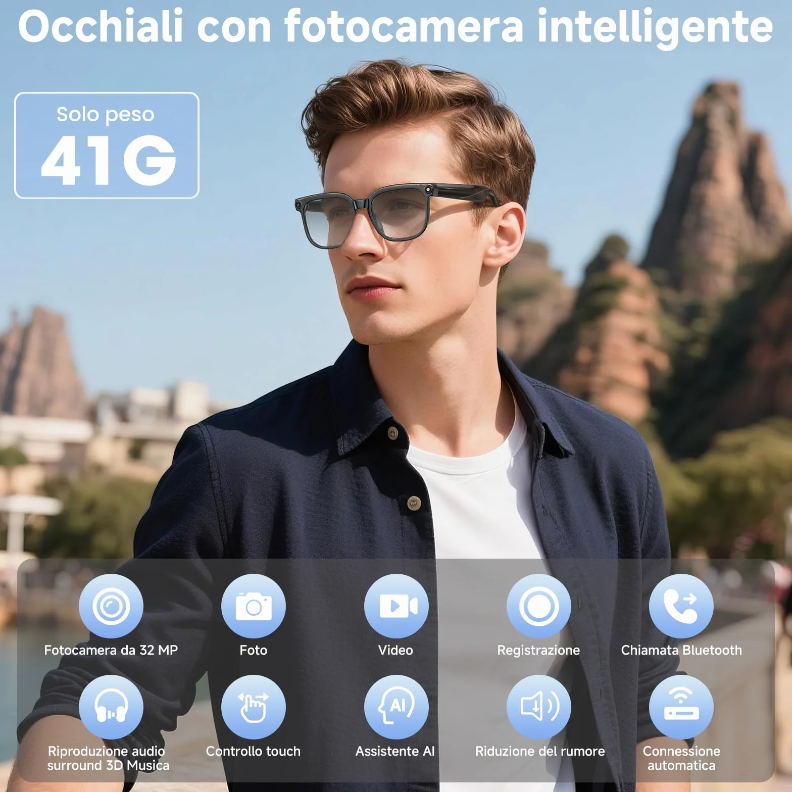 Occhiali Intelligenti AI Smart Glasses 8K Fotocamera 2 Lenti HD 1080p Bluetooth Chiamate Nero