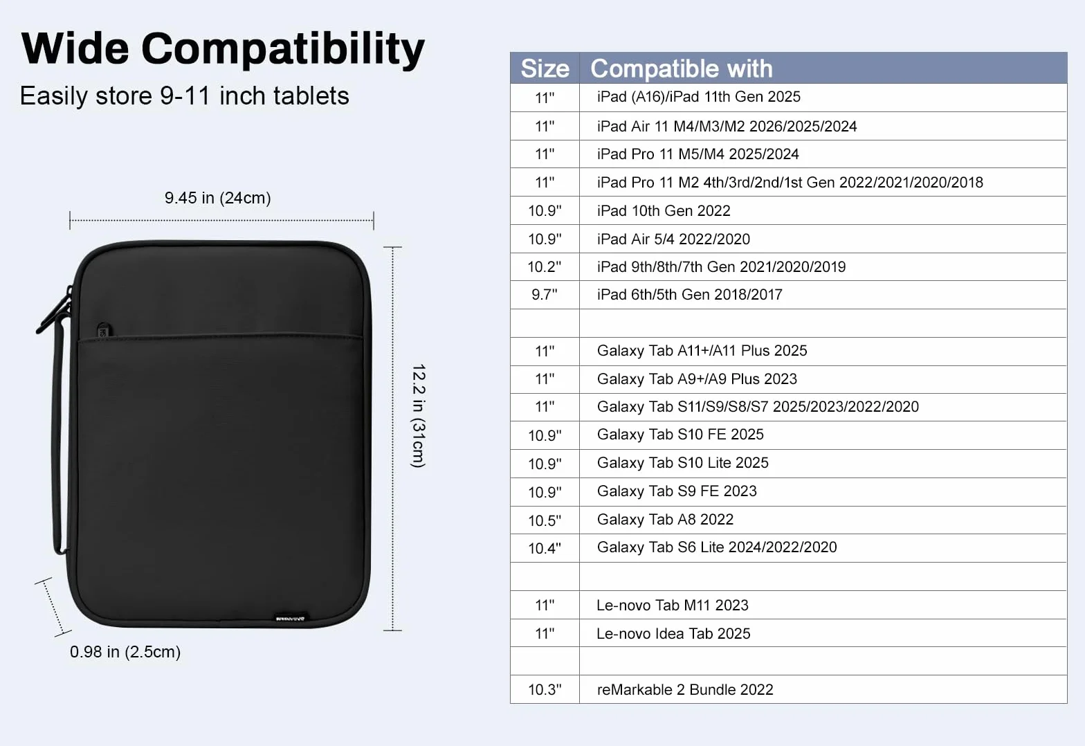 Dadanism 9-11 Pollici Tablet Custodia da Viaggio per iPad (A16) 11", iPad Air 11" M4/M3, iPad Pro 11" M5/M4, iPad 10a Gen/Air 5 10,9", iPad 9/8/7a Gen 10,2", Galaxy Tab A11+ 11", Tab M11 11", Nero