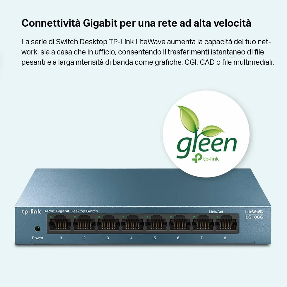 TP-Link LS108G Switch Ethernet 8 Porte Gigabit, Sdoppiatore Ethernet, Struttura in Metallo, 802.1p/DSCP QoS, Ideale per la Casa e il Ufficio, Plug & Play, Funzionamento Silenzioso, Montaggio Desktop