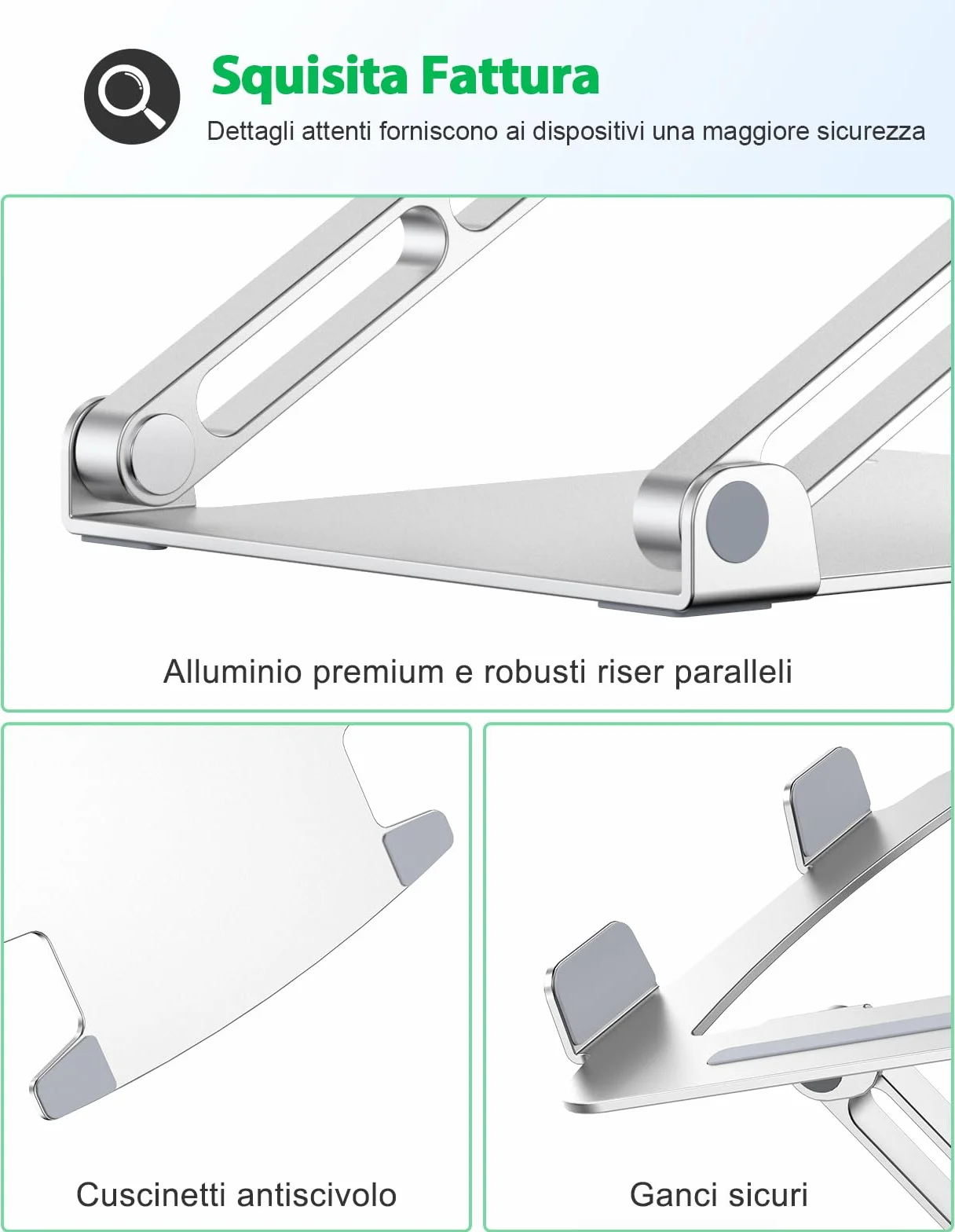 Glangeh Supporto PC Portatile Alluminio, Laptop Stand Multi-Angolo Regolabile Ergonomico, Porta PC Ventilato Raffreddamento Compatibile con MacBook Pro Air Tutti i Laptop 10-16"
