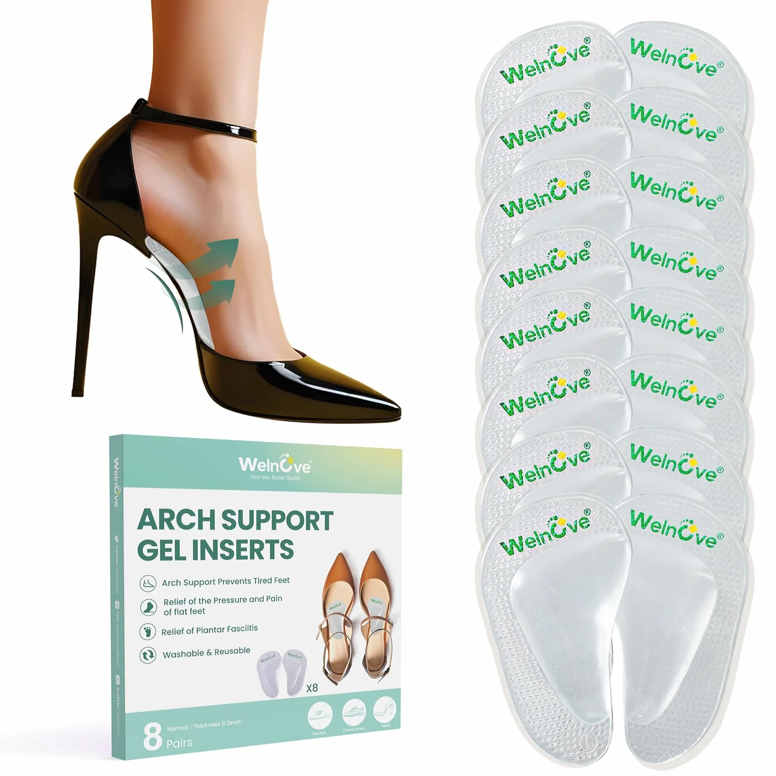 Welnove 8 Paia Gel Solette per Fascite Plantare, Arco di Sostegno Imbottiture Piedi Piatti, Altezza 0,8cm