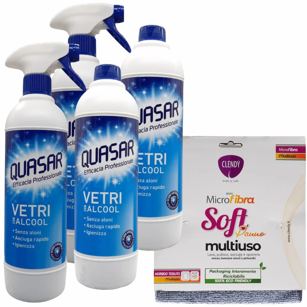 QUASAR VETRI CON ALCOOL 2xTrigger 580ml + 2xRicarica 580ml + Panno In Microfibra Soft Multiuso