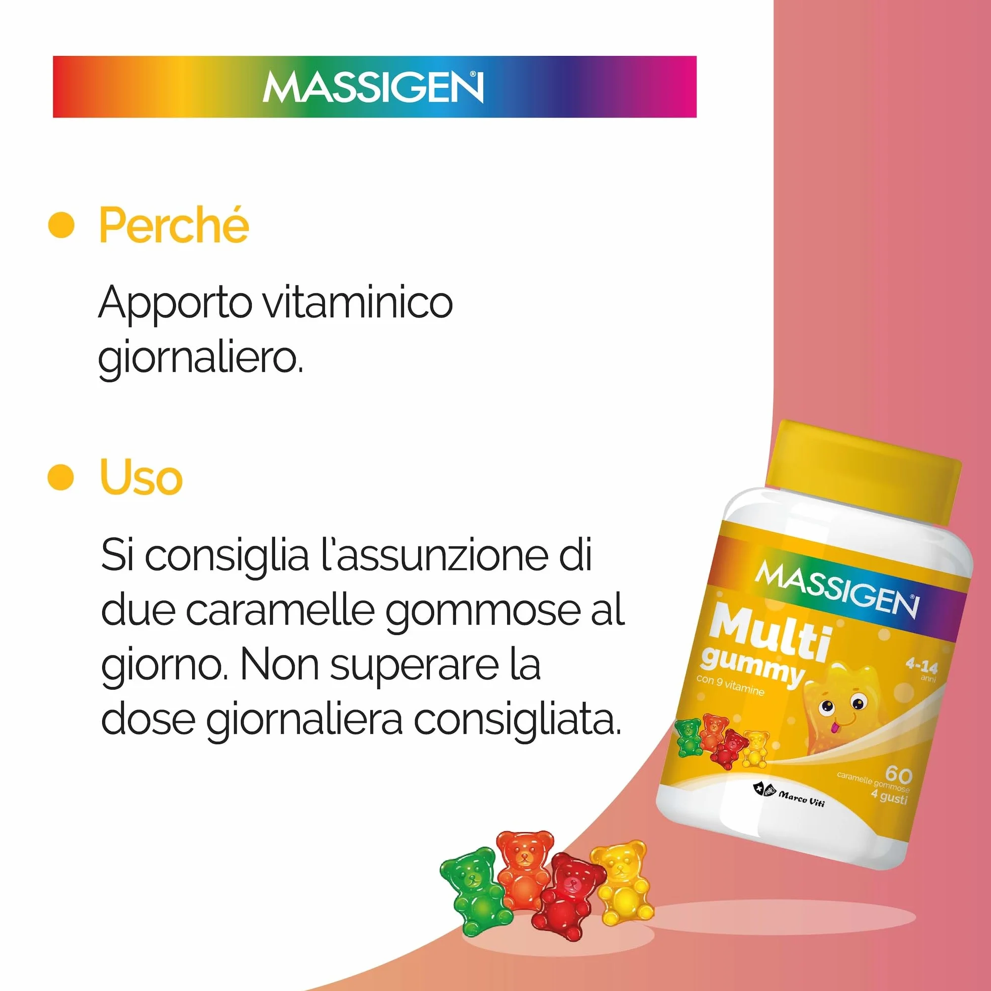 Massigen Multi Gummy Multivitaminico Bambini 4-14 Anni 60 Caramelle Vitamine A C E D B6 B12 Acido Folico Senza Glutine Lattosio