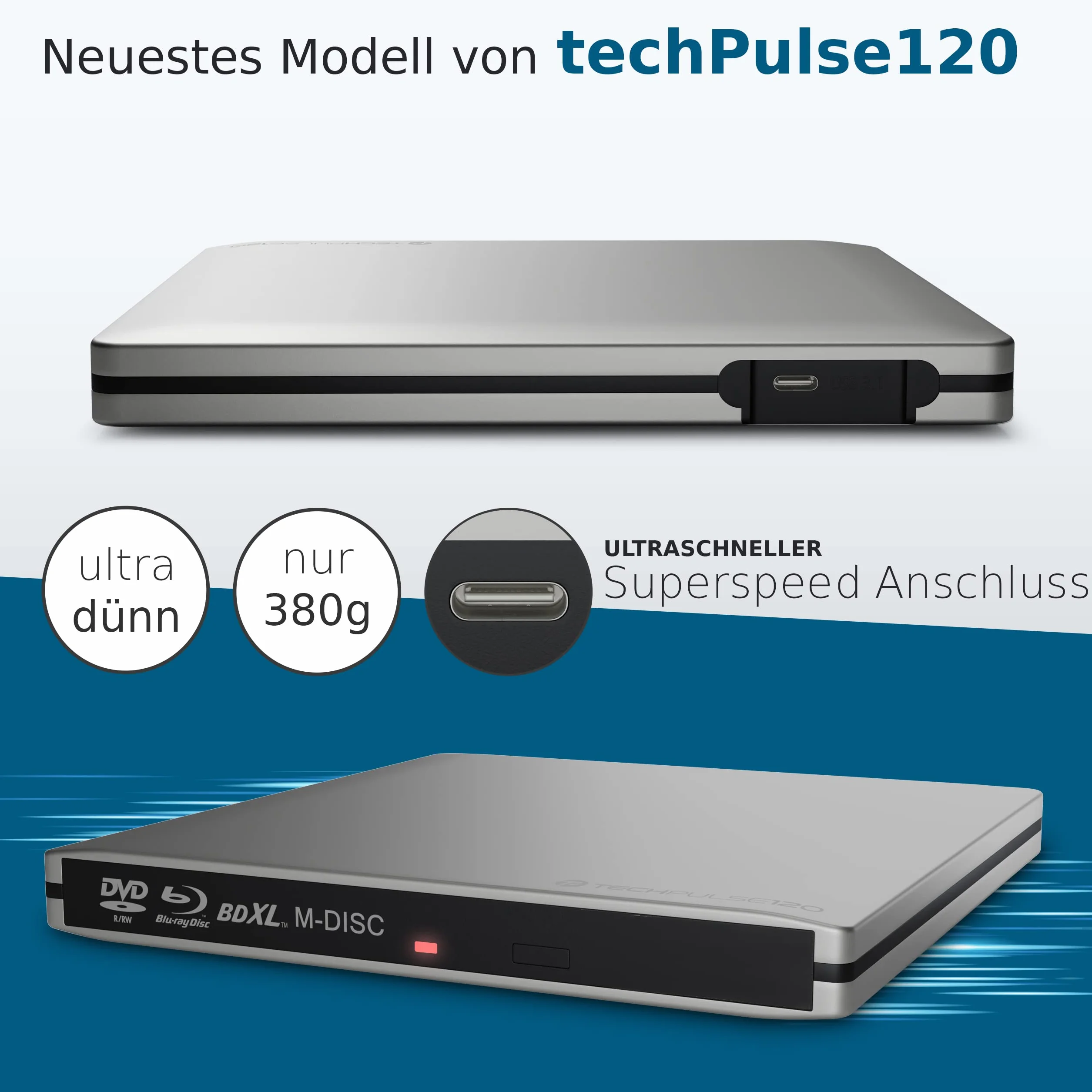 techPulse120 Esterno USB 3.1 Masterizzatore Lettore Blu-ray Blue BD Player BDXL Burner per PC USB-C M-Disc lettori BluRay USB Alu Argento