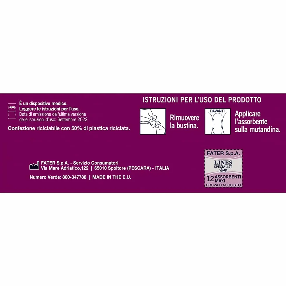 Lines Specialist Lady Maxi Assorbenti Incontinenza Donna Zero Odore Barriere Laterali 3x12 Unità