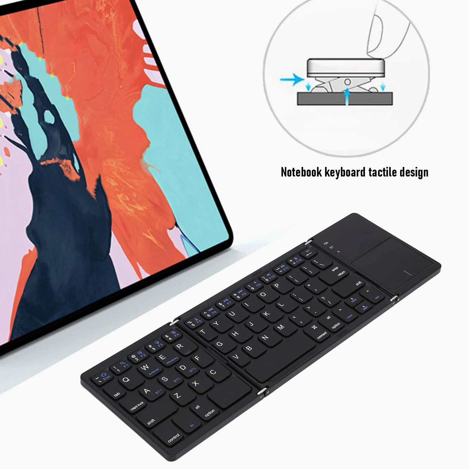 Bewinner Tastiera Pieghevole Bluetooth 5.1 con Touchpad, Tastiera Wireless Multidispositivo a 3 Canali, Ricaricabile di Tipo C, Portatile per Smartphone, Tablet, Laptop (BLACK)