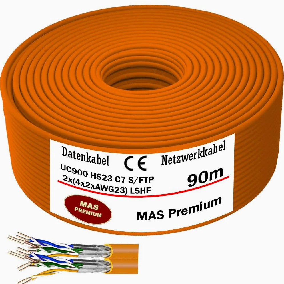 MAS Premium Cavo dati CAT7 da 10 m a 100 m, cavo di rete duplex AWG23 8P UC900 SS23 1000 MHz senza alogeni, cavo di comunicazione (90 m)