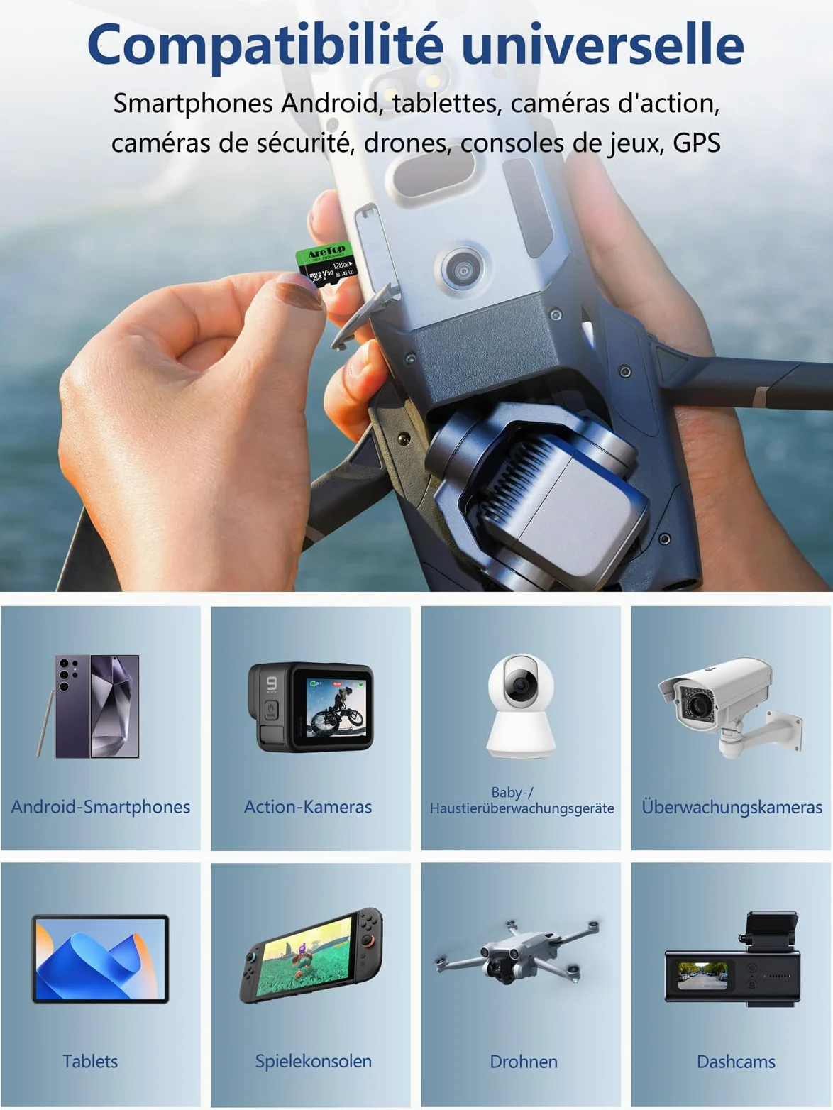 Aretop Scheda Micro SD da 128 GB, 2 pezzi, con 2 adattatori MicroSDXC, UHS-I U3 V30 A1, registrazione video Full HD Micro SD Memory Card per fotocamera/smartphone/drone/Dash Cam
