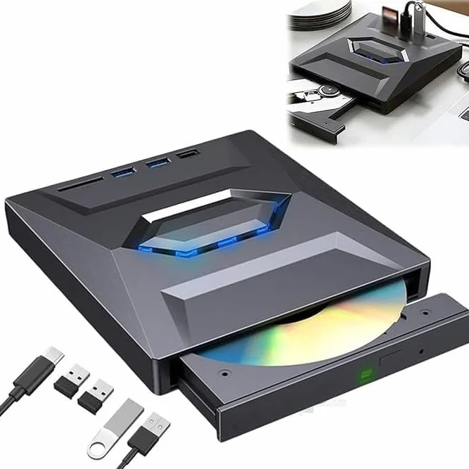 Unità Blu-ray esterna 7 in 1 USB 3.0 e tipo C, lettore masterizzatore BD/DVD/CD portatile con 3 porte USB Hub e lettore di schede SD/TF, unità ottica Blu-ray 6X per laptop desktop