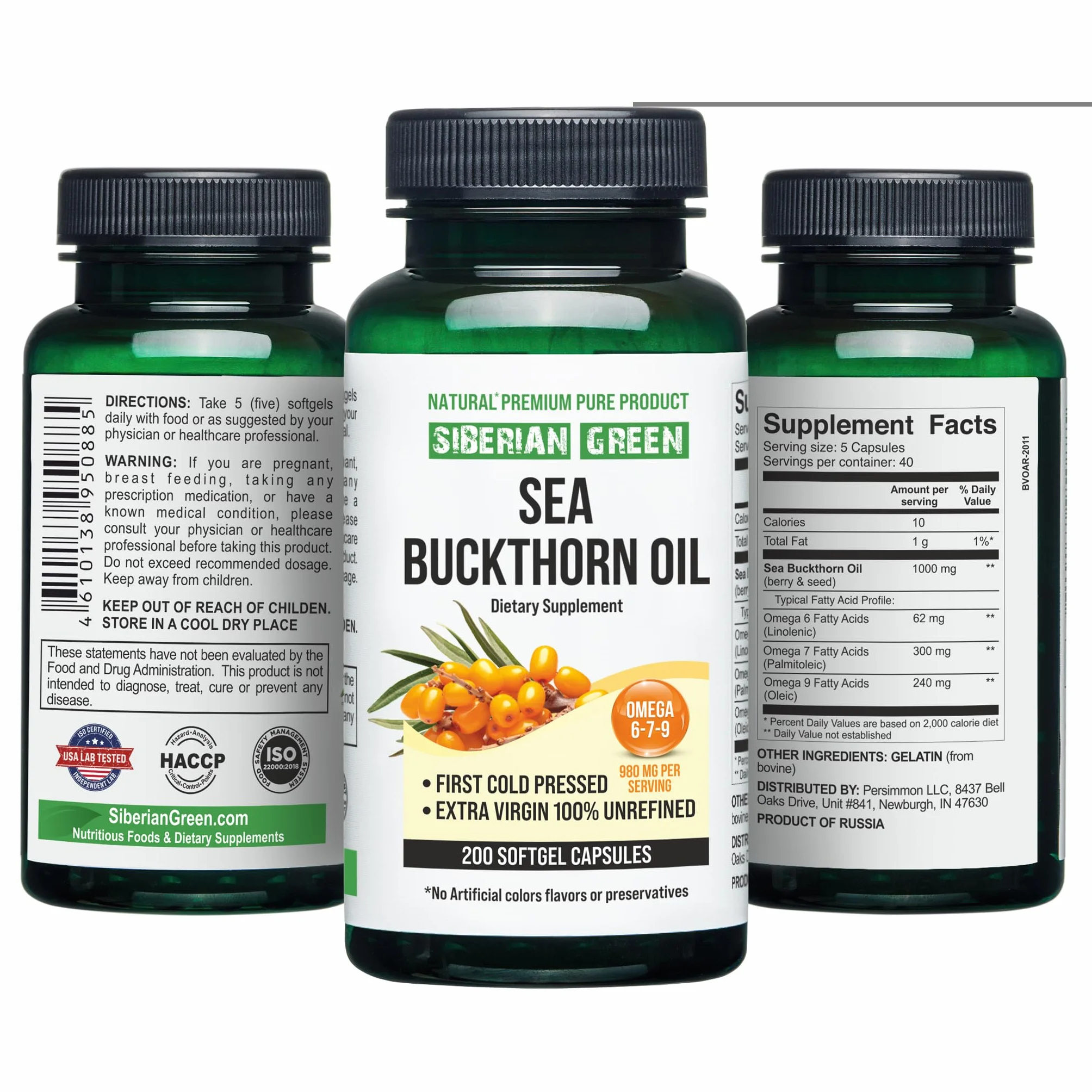 Capsule di olio di olivello spinoso siberiano 200 capsule molle Omega 7 Premium senza glutine non OGM