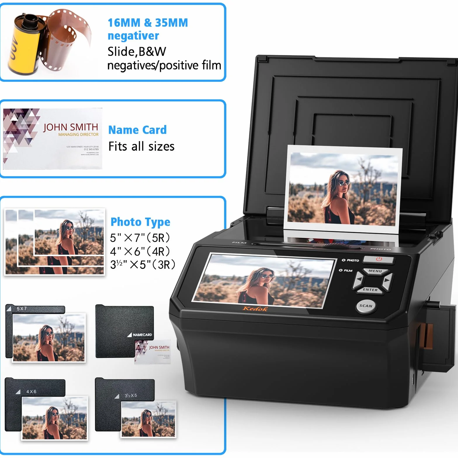 Multiscanner per Diapositive e Negativi con Schermo LCD da 5", Scanner per Foto Digitale per Convertire 35 mm, 110 Film e Biglietto da Visita in 22 MP Digital JPEG