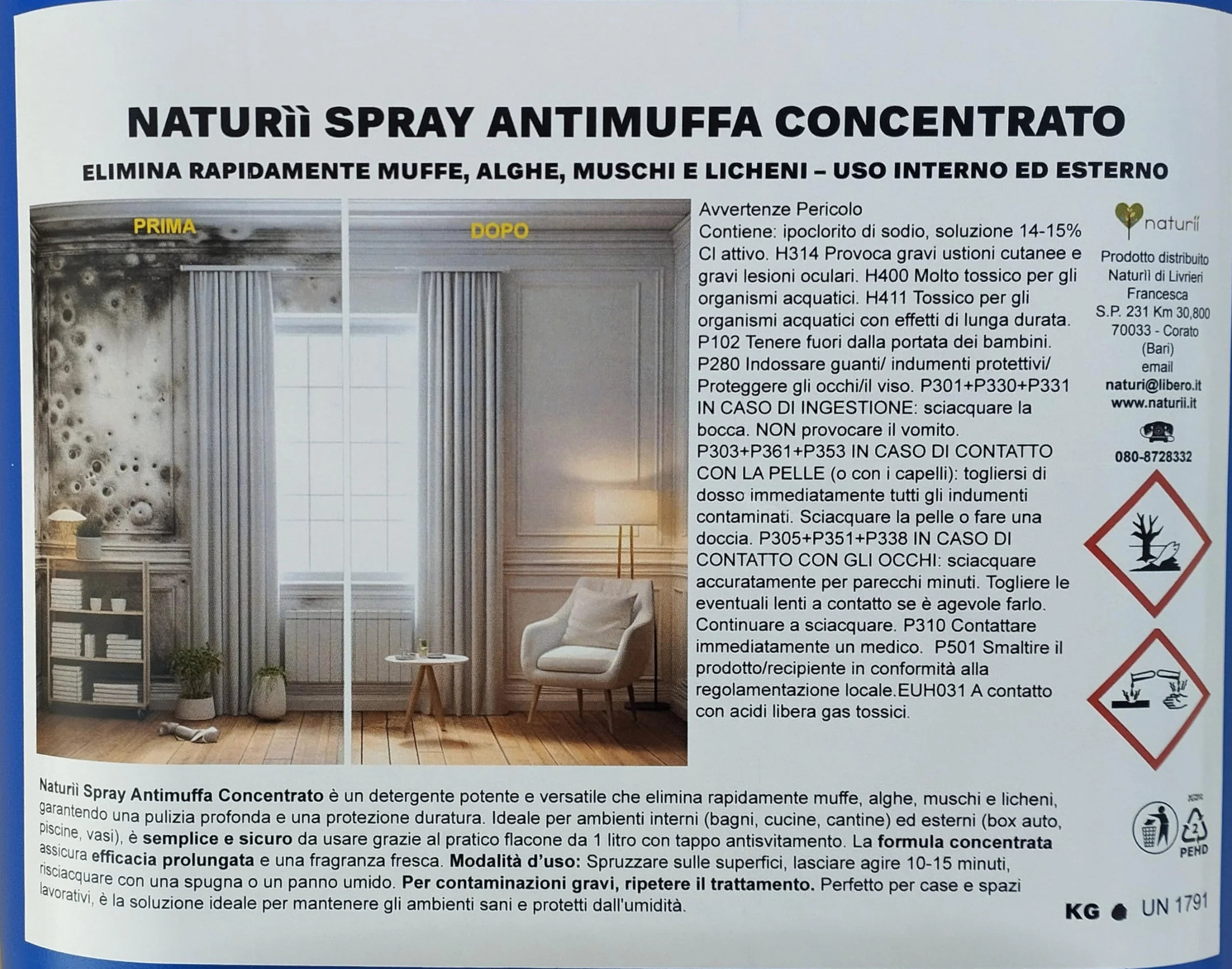Antimuffa 5 kg Naturìì Tanica z Erogatore Elimina Muffe Alghe Muschi Licheni