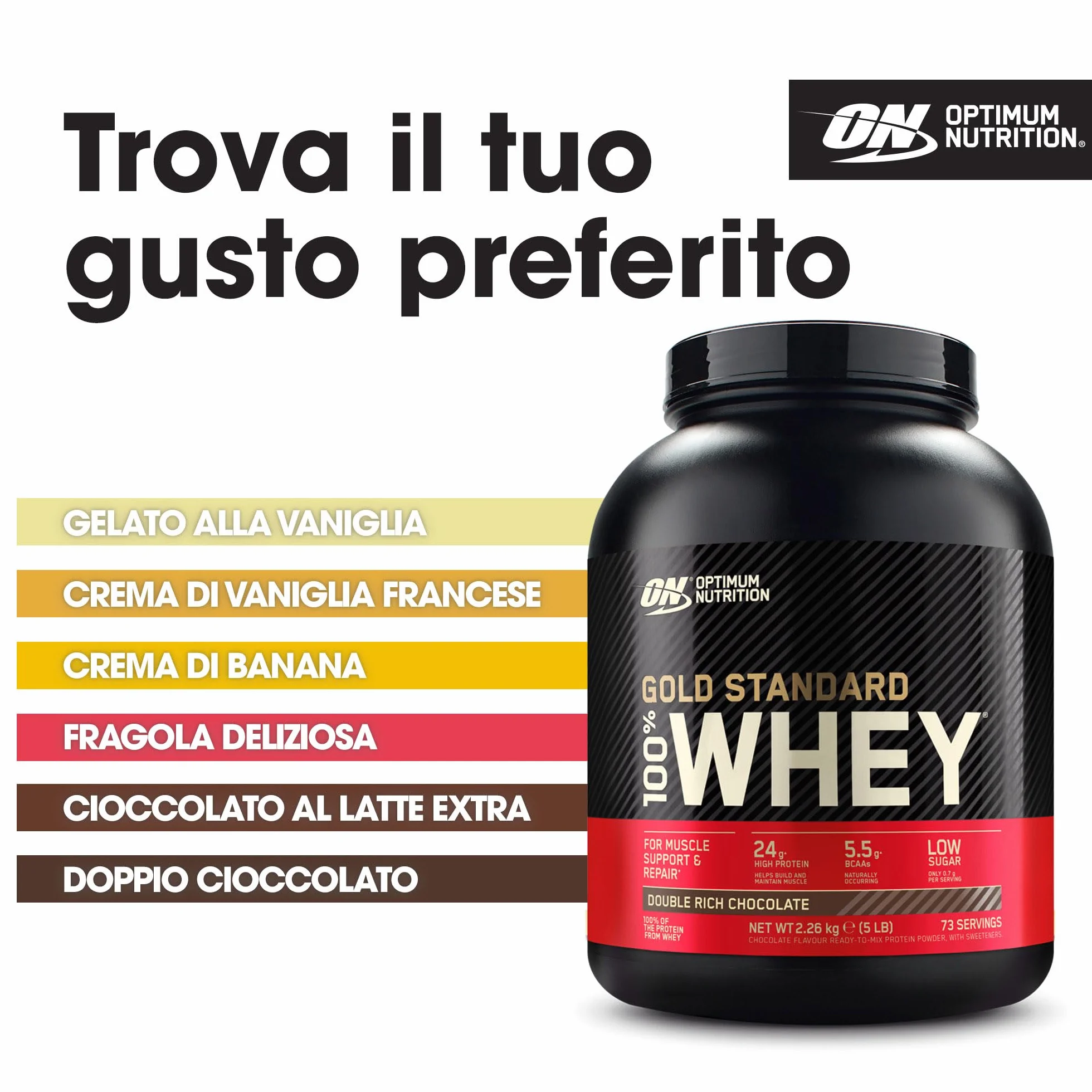 Optimum Nutrition Gold Standard 100% Whey Proteine in Polvere Doppio Cioccolato 2.26kg 73 Porzioni