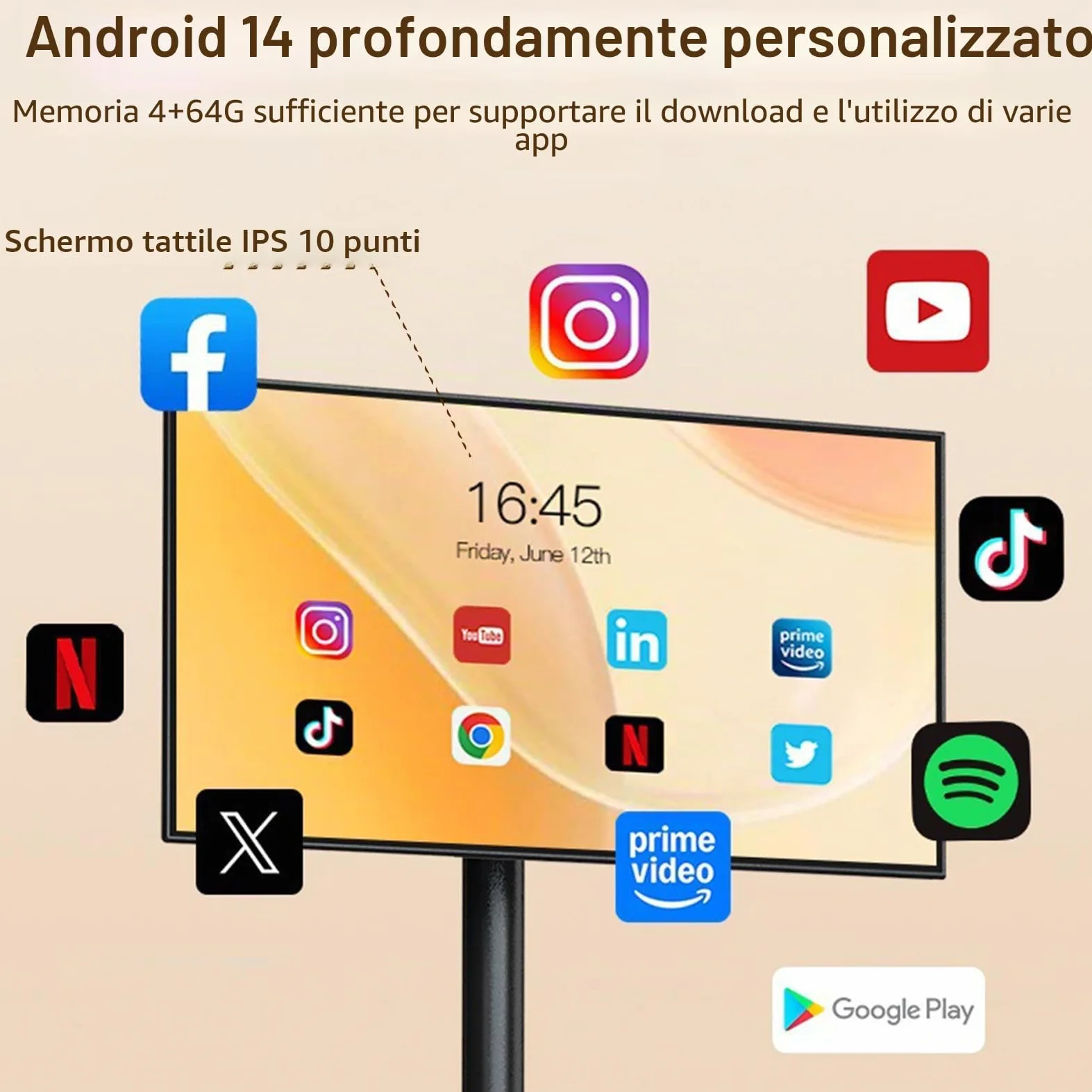 Smart TV Portatile Touch Screen da 21,5 Pollici, TV Mobile su Ruote con Sist-ema Operativo Android, 4 GB + 64 GB di Memoria, Batteria Integrata da 6000 mAh White-4+64G