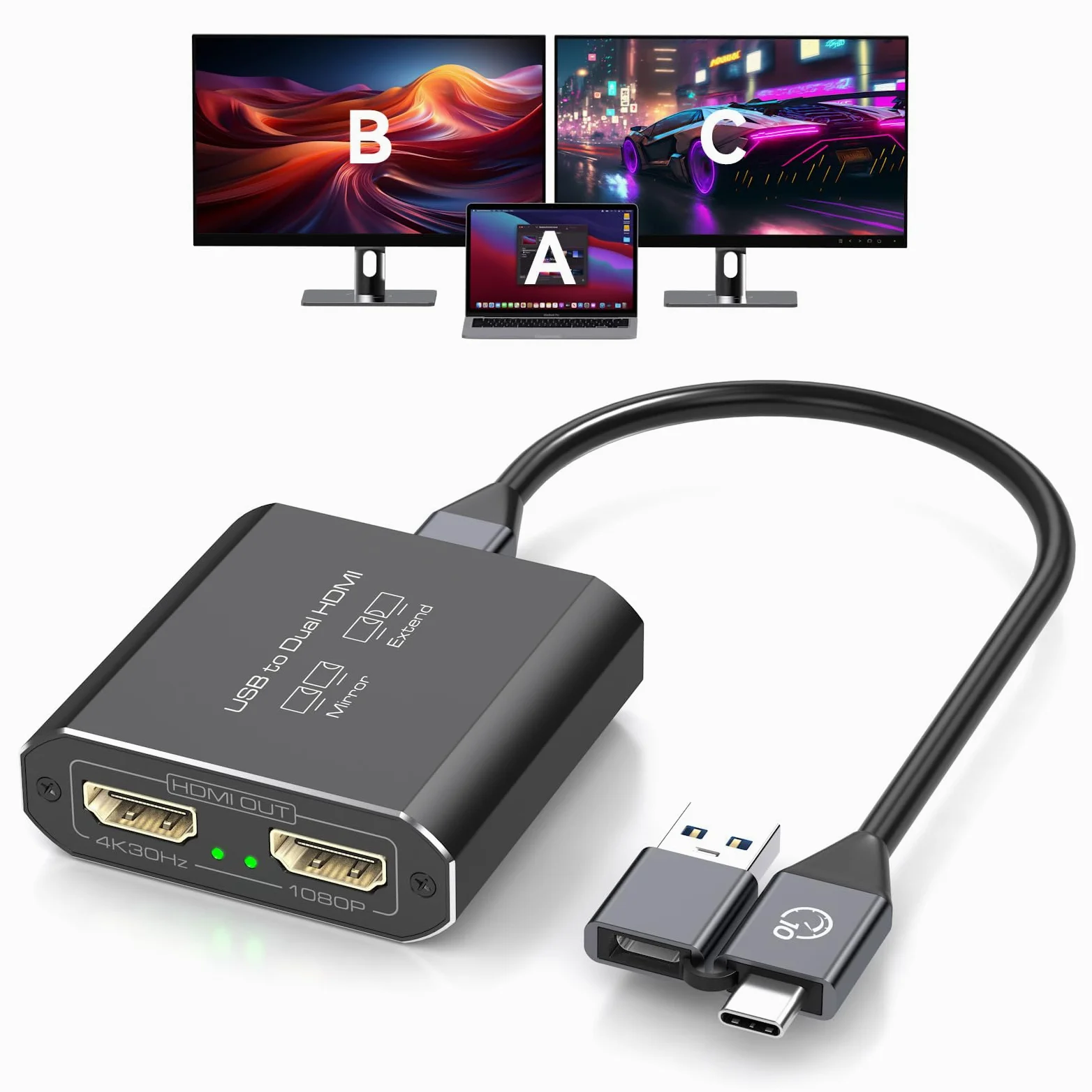 Splitter HDMI Display esteso per doppio monitor USB A & C a 2 hdmi Adapter 1 in 2 Out per laptop Mac Triple Set Supporto MST & SST modalità; 4K @30Hz Out 1, 1080p Out 2