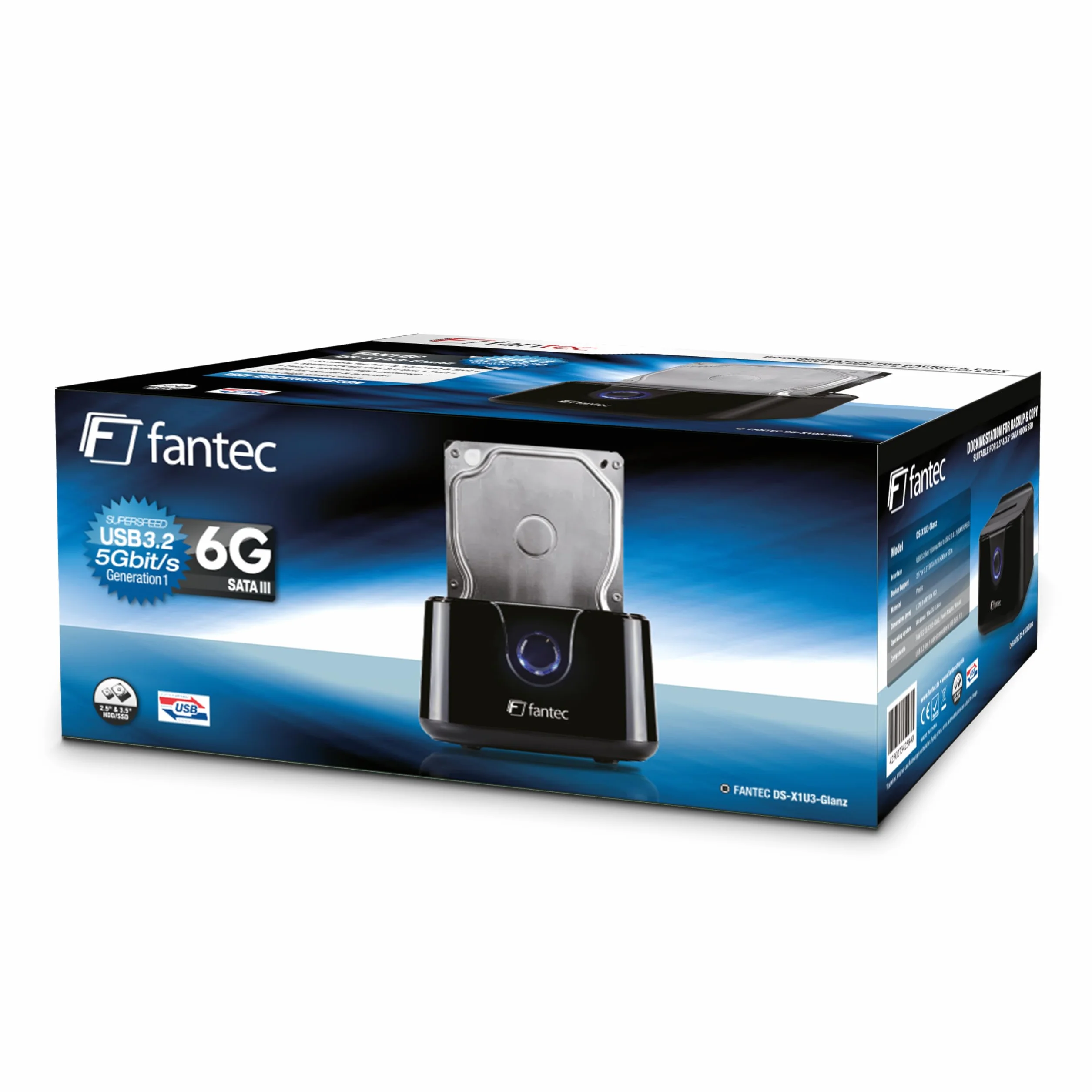 FANTEC DS-X1U3-Glanz USB 3.2 Gen1 Docking Station for 2.5/3.5 inch SATA SSD Hard Disk, 5Gbit/s, Black