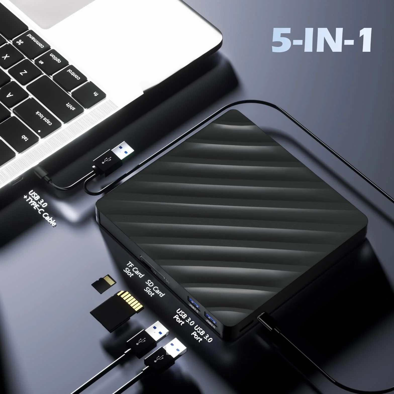 Bluray 5 in 1 Unità esterna Bluray Masterizzatore DVD Burner Esterno Blu Ray Drive per laptop con slot SD/TF compatibile con Windows MacOS Linux (5-IN-1)