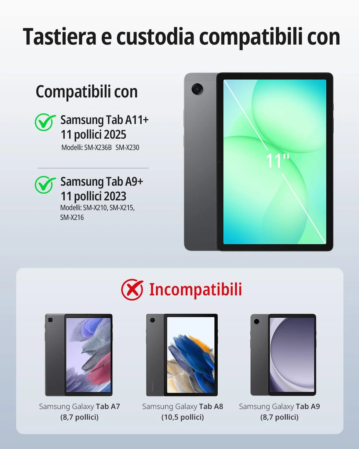 CACOE Custodia con Tastiera Girevole 360 Compatibile con Samsung Galaxy Tab A11 Plus/A9 Plus 11 pollici con Touchpad, Tastiera Staccabile Retroilluminata a 7 Colori con Funzione di Supporto, Nera