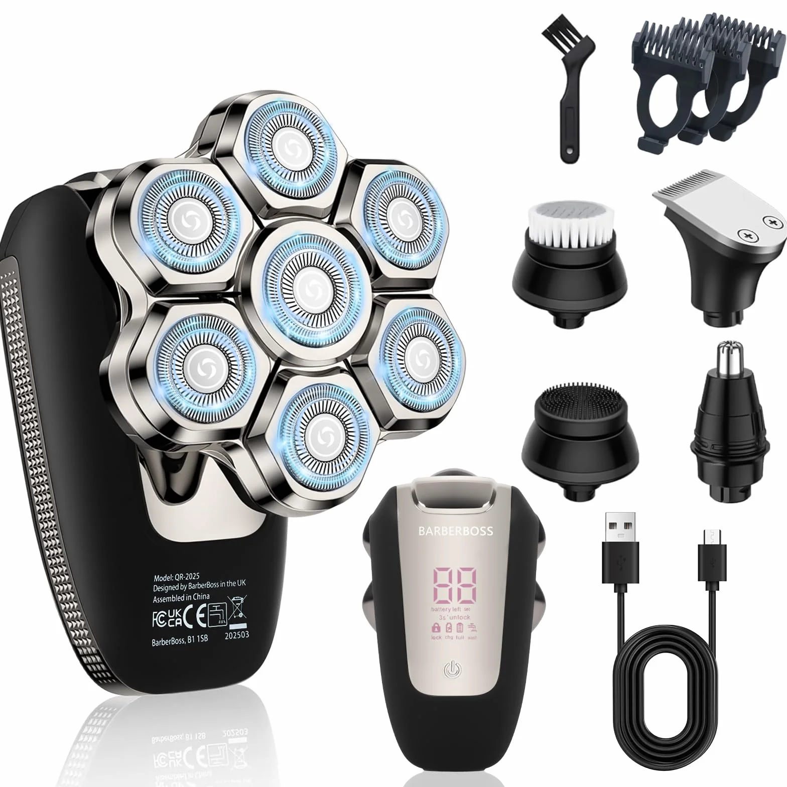 BarberBoss Rasoio testa calva 7D uomo, rasoio rotante magnetico 5 in 1 con display LED, ricarica USB-C