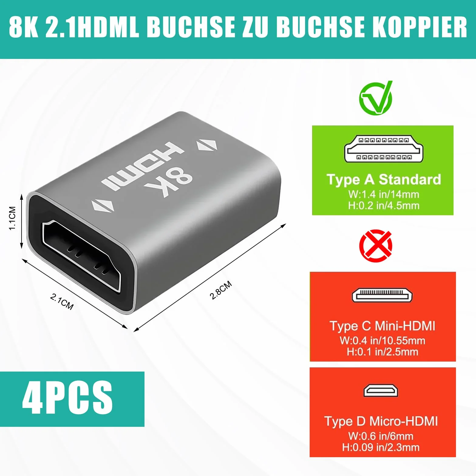 Set di 4 adattatori 8 K HDMI, connettore HDMI 2.1 femmina a femmina, da DP a HDMI, adattatore per DSLR, videocamera, laptop, tablet, HDTV, proiettore, fotocamera