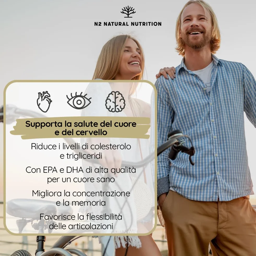 Omega 3 Olio di Pesce 2000 mg EPA 700 mg DHA 500 mg Integratore con Vitamina E 120 Softgel N2 Natural Nutrition