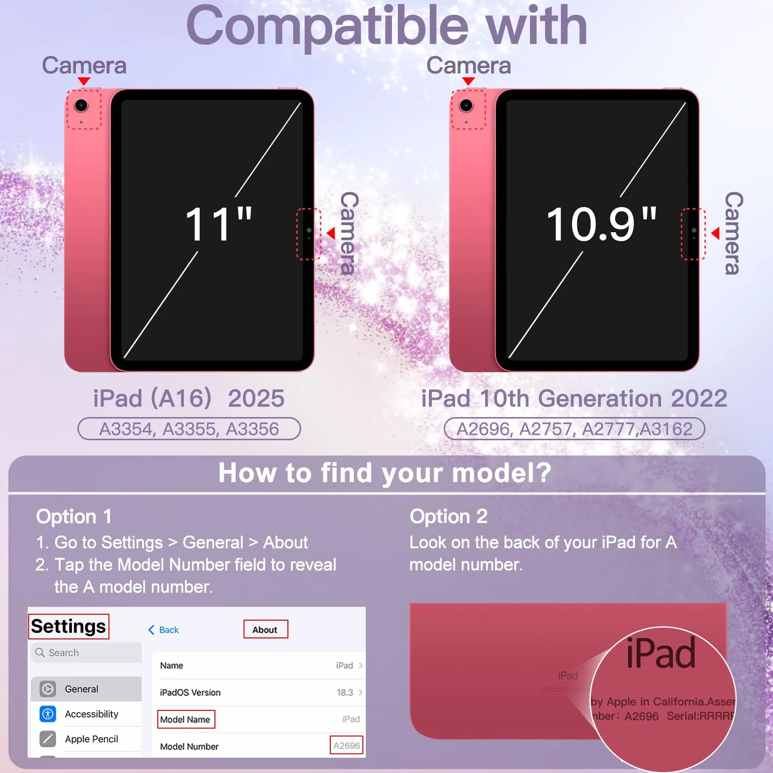 JETech Custodia Glitter per iPad (A16) 11a/10a Generazione (2025/2022) con Portapenne, Cover Sottile Scintillante, Guscio Posteriore Trasparente Lucido (Rosa)