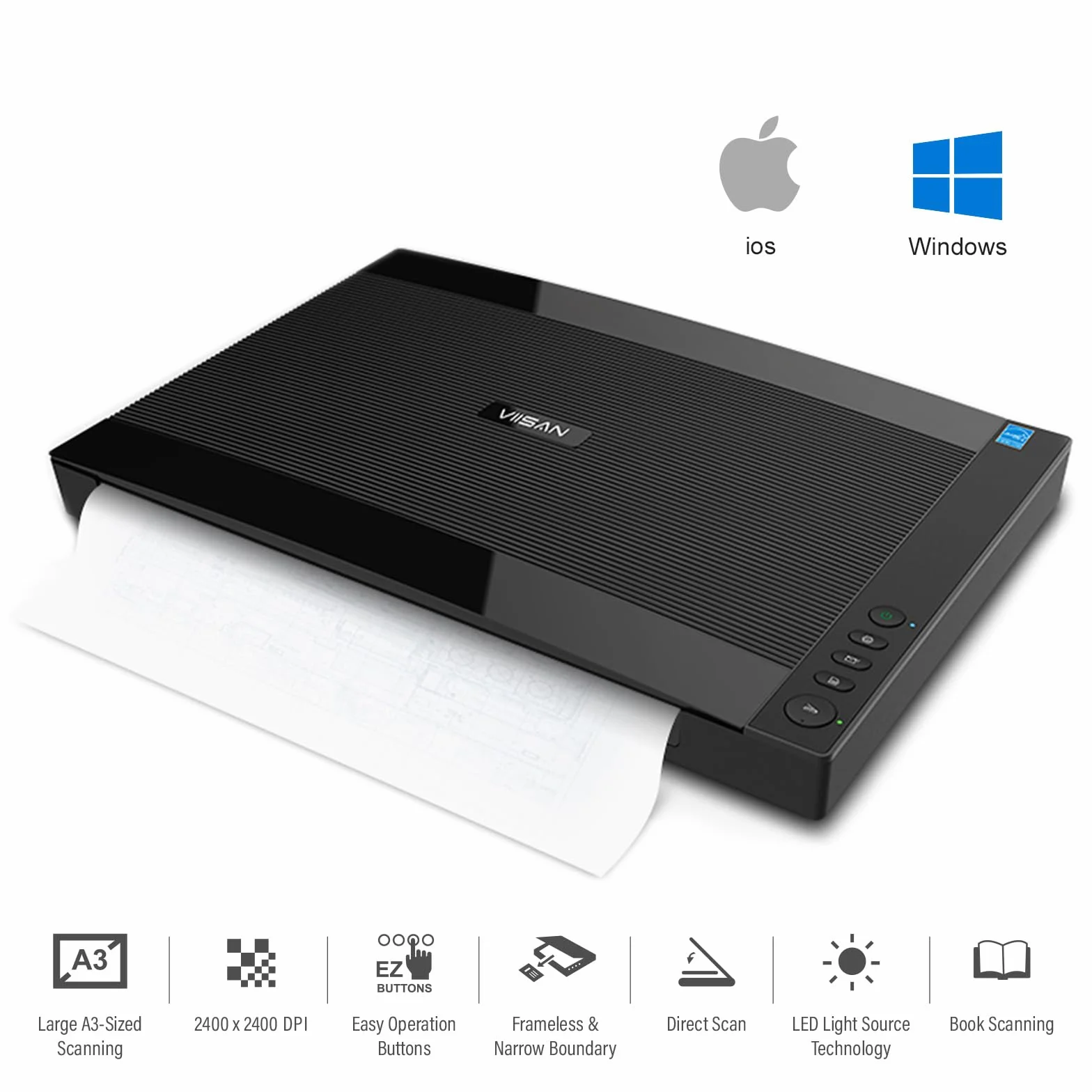 Viisan VF 3240,scanner piatto DIN-A3.Max.Risoluzione 2400x2400 dpi.Incluso software ViiScan per l'elaborazione di immagini e riconoscimento testi OCR.Compatibile Windows.Driver per il software Mac.