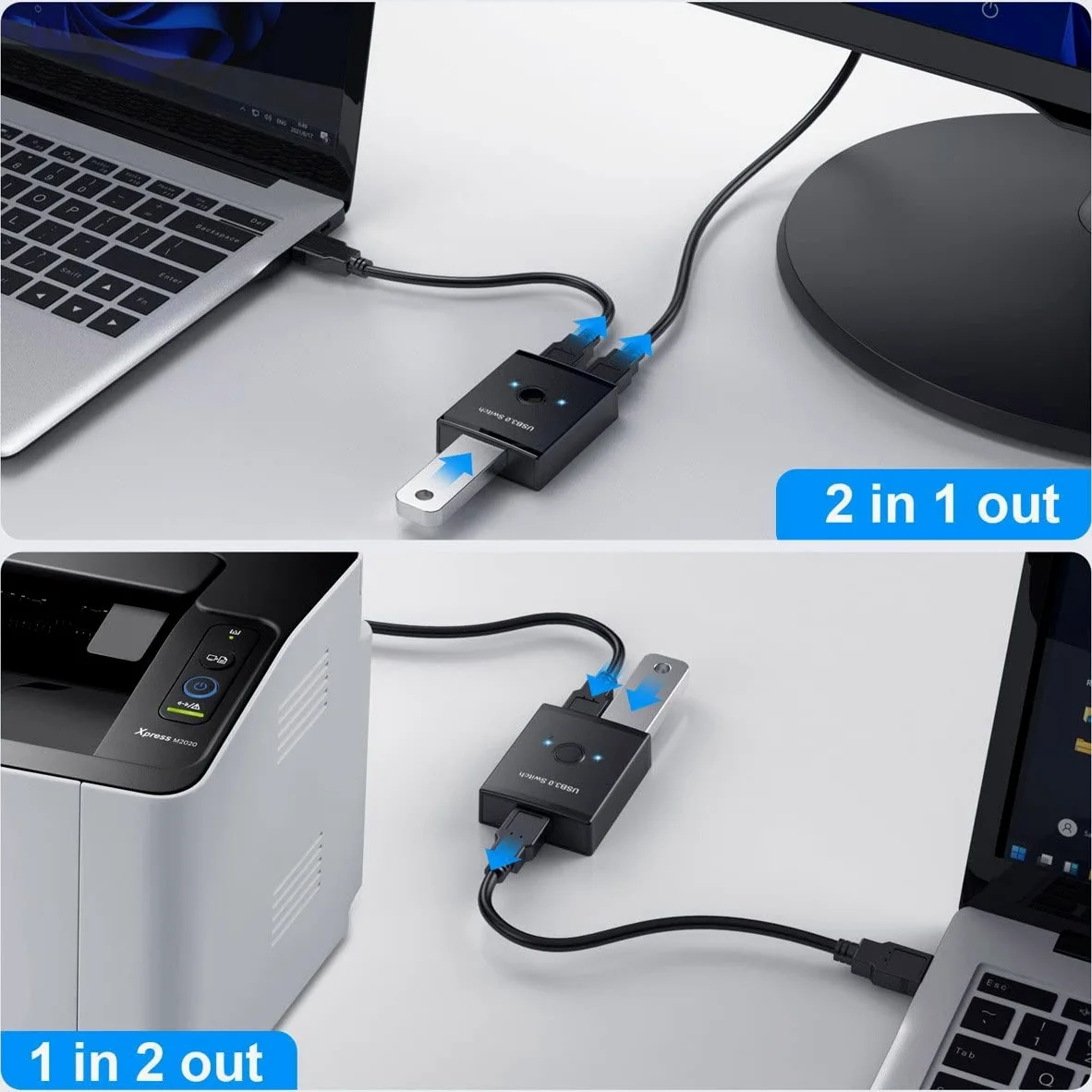 Xiwai Selettore di commutazione bidirezionale USB 3.0 KVM da 2 a 1 PC di condivisione o da 1 a 2 Hub per tastiera Mouse Scanner Stampante