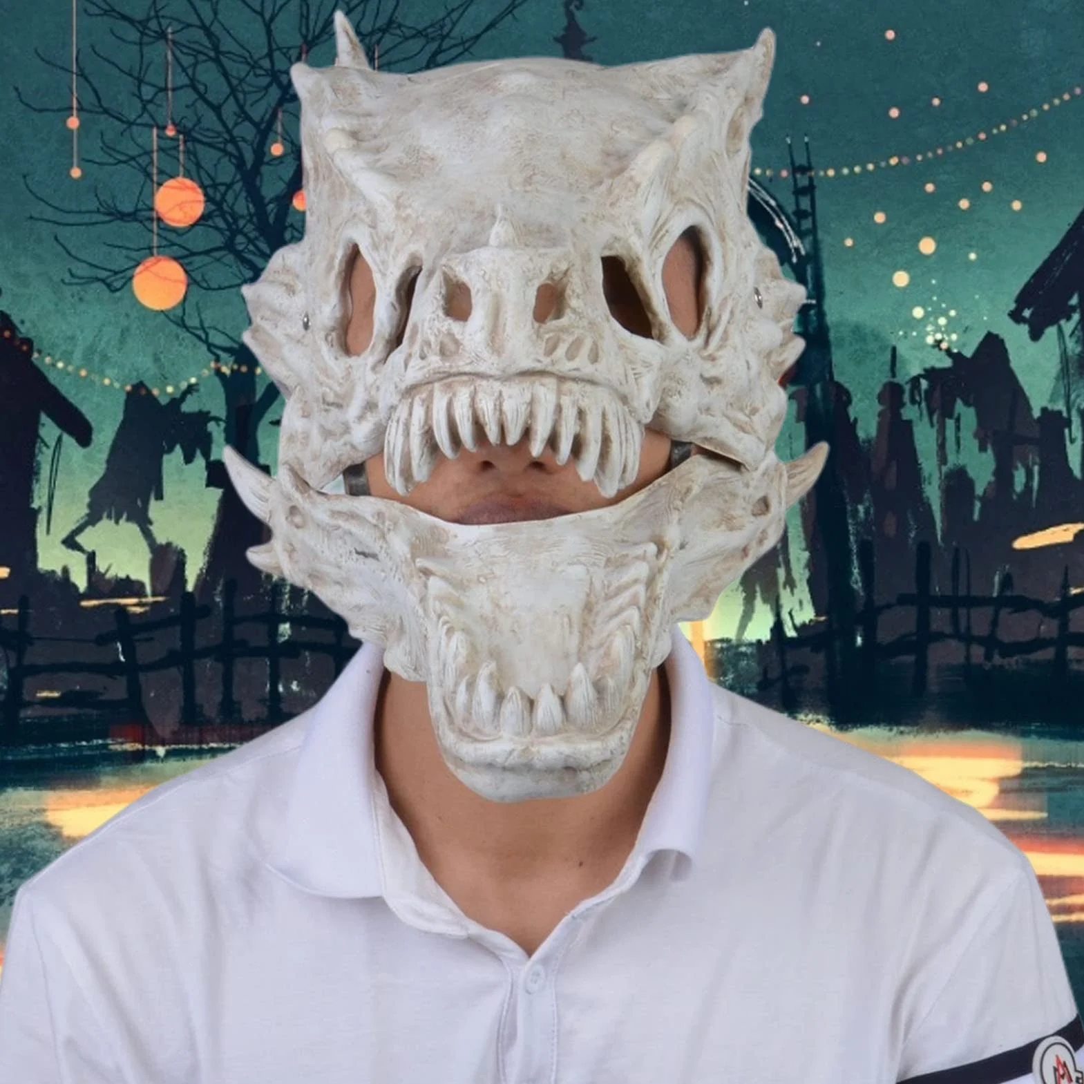Copertura per viso in lattice con ossa di drago realistica testa di drago copertura integrale copricapo per dinosauri con teschio Halloween