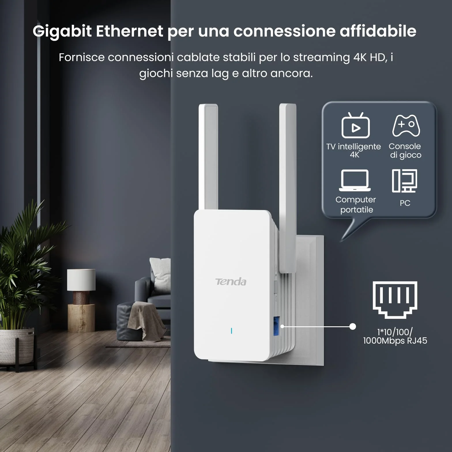 Tenda A33 Ripetitore WiFi 6 AX3000, Amplificatore WiFi 6 Doble Band Gigabit, Modalità AP, Pulsante WPS, LED Segnale Intelligente