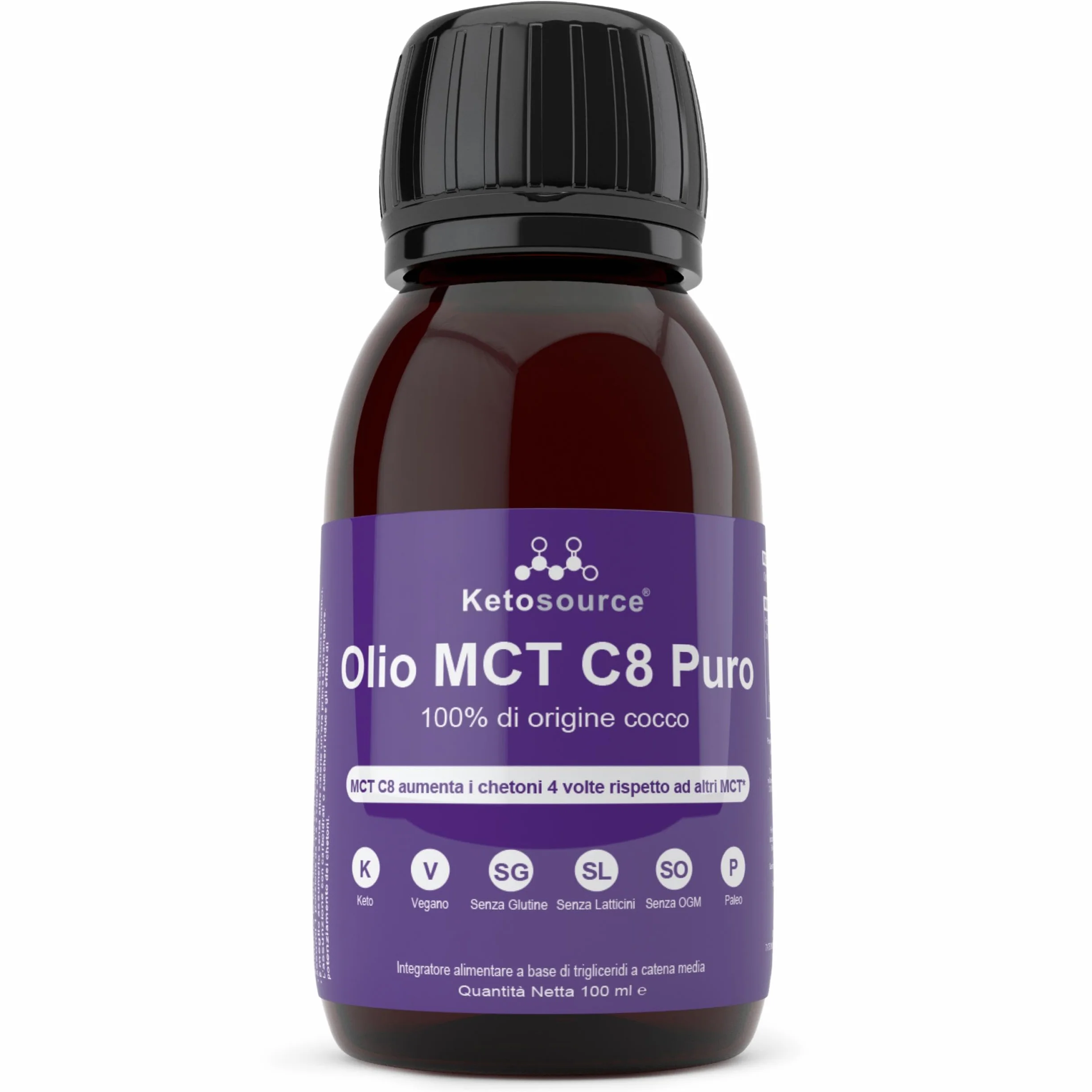 Olio C8 MCT Premium Ketosource® | 4X C8 Trigliceridi Acidi Caprilici Puri | Paleo, Vegano, BPA Free