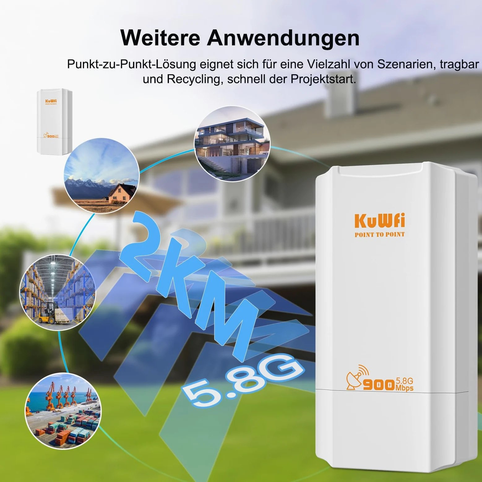 KuWFi Bridge WLAN 5,8 GHz, 900 Mbps Outdoor Wireless Bridges, 2 KM Point to Point WiFi Bridges,12 dBi Antenna 24 V PoE, IP65 Impermeabile Network Bridge per router Starlink/fotocamere/giardino/fienile