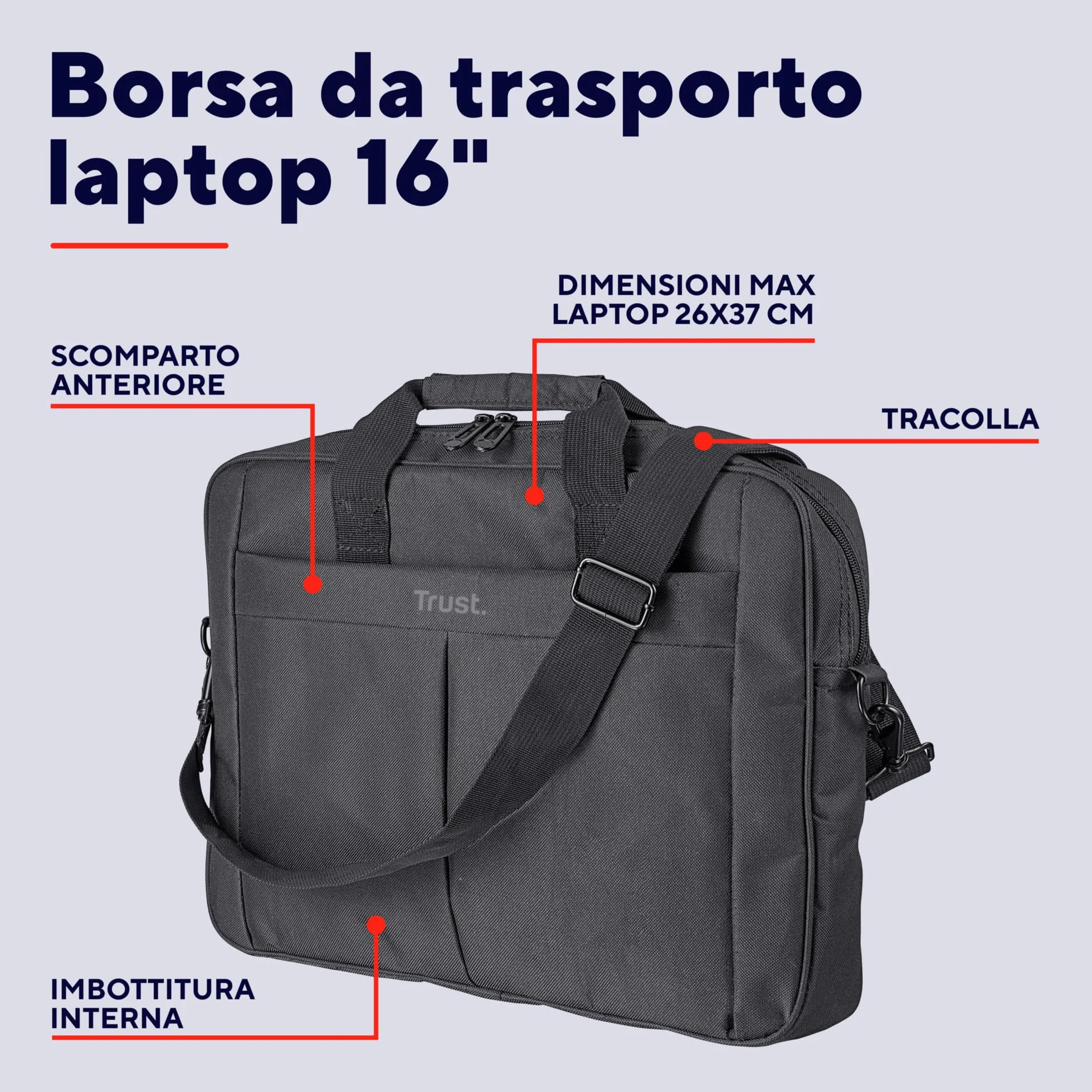 Trust Primo Borsa Porta PC Portatile 16 Pollici, Borsa a Tracolla Regolabile per Laptop Fino a 385 x 315 mm, Custodia Trasporto Tessuto Resistente per Computer Notebook Macbook Dell HP Asus, Nero