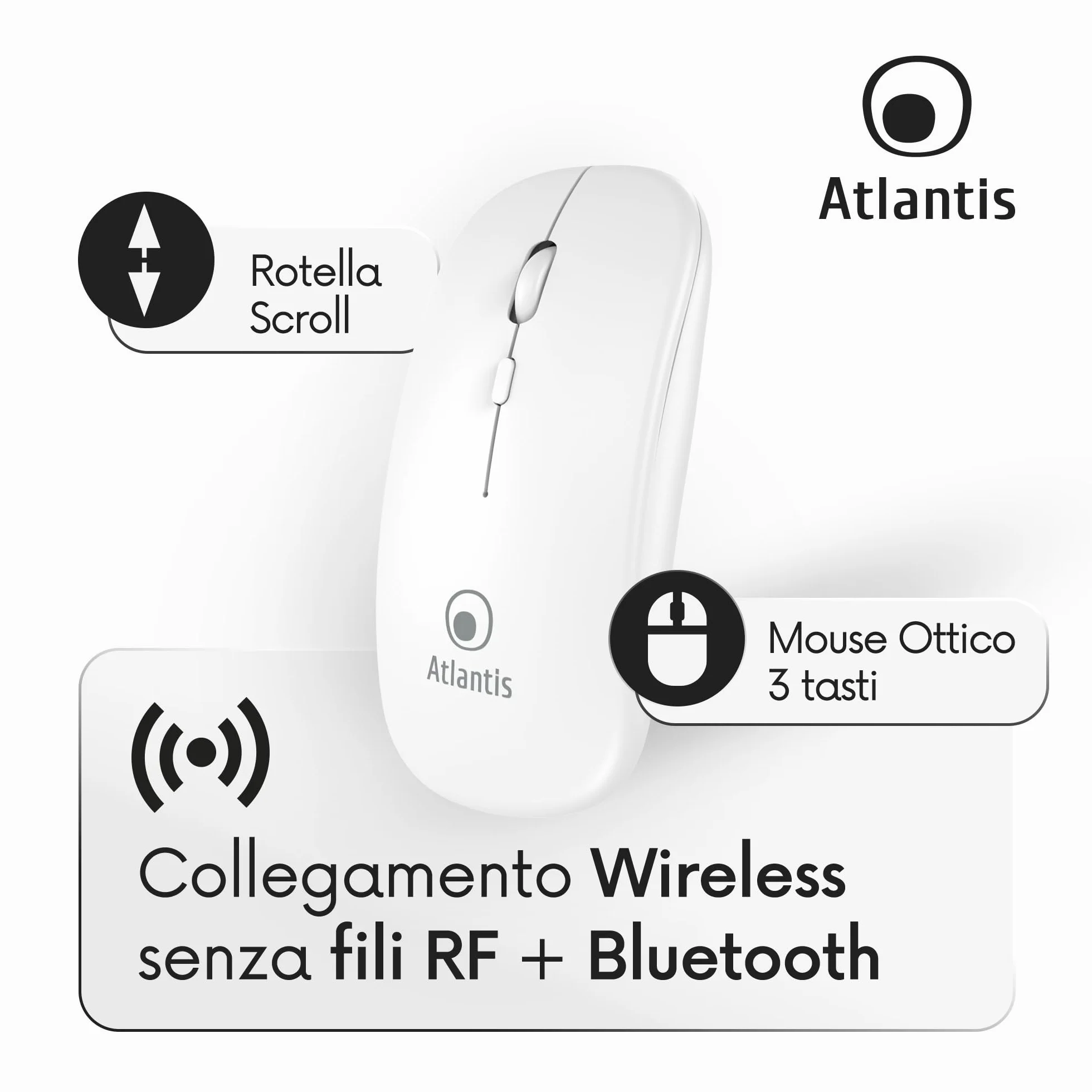 Atlantis ARGO 900Pro Combo KIT Mini Tastiera Ultraslim + Mouse - Wireless senza fili RF + Bluetooth, QWERTY 78 tasti “chocolate key”, per PC/Notebook/Smartphone/tablet/iOS/Android, Bianco