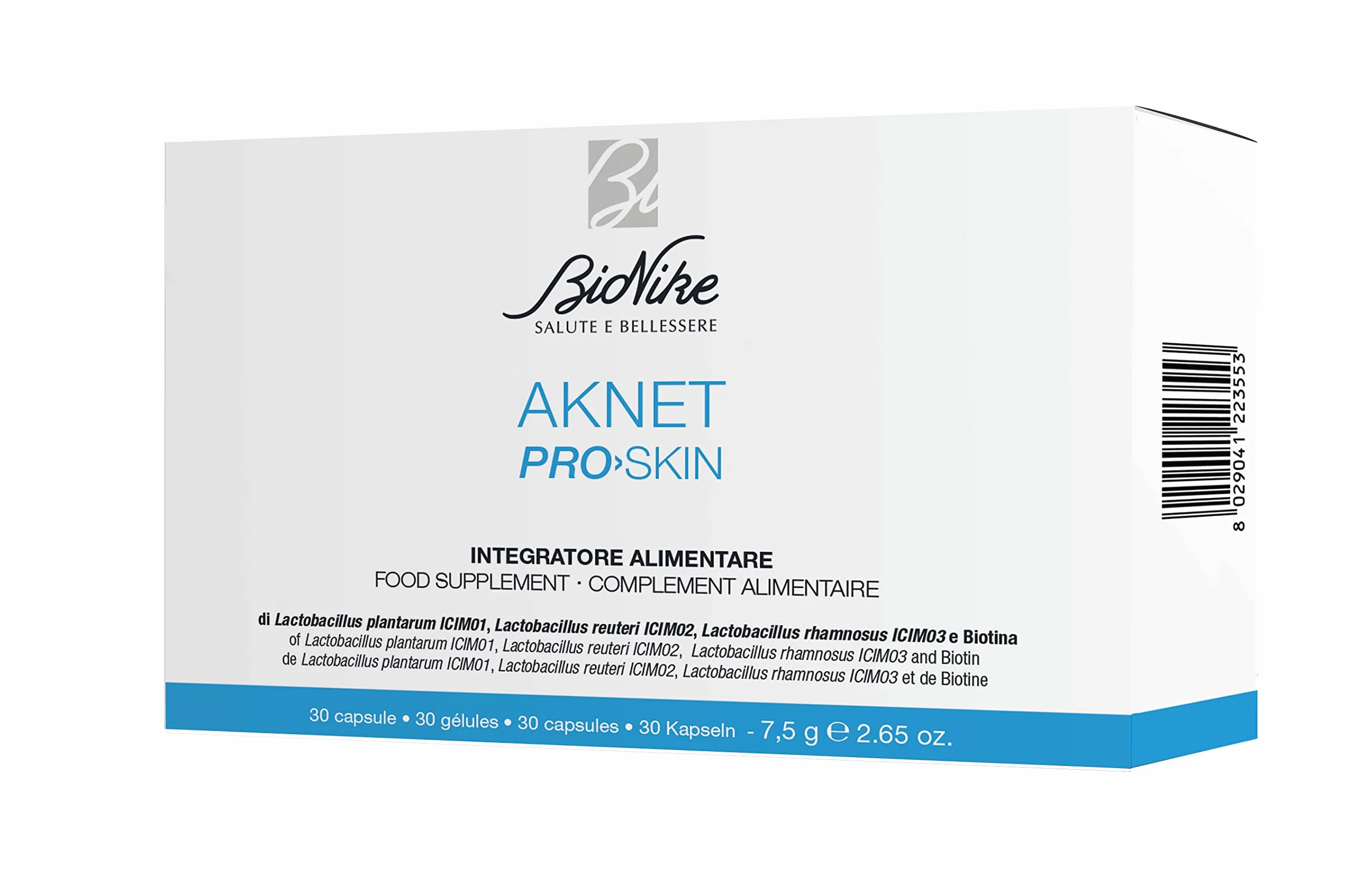 BioNike Aknet Pro Skin Integratore Alimentare con Probiotici e Biotina 30 Capsule