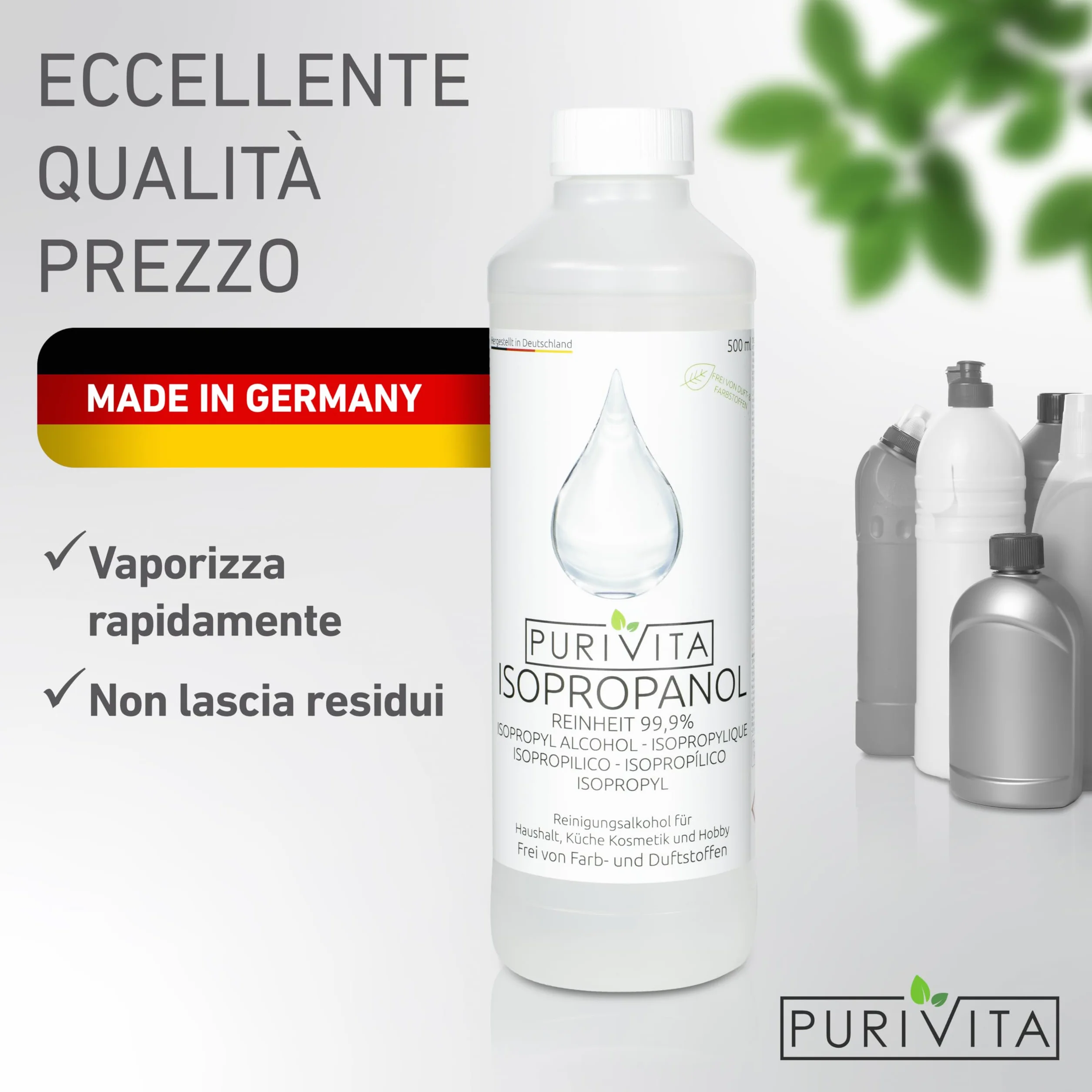 PURIVITA Alcool Isoproilico 99,9% 500ML Isopropyl Alcohol Disinfettante Detergente