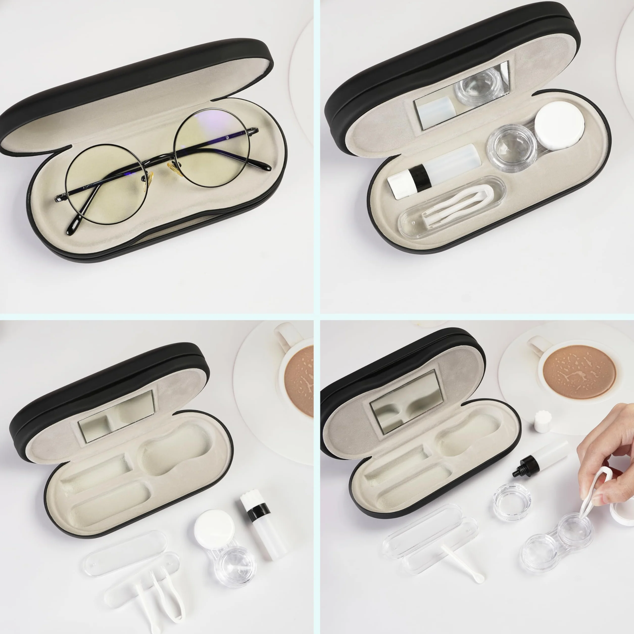 Custodia portatile per lenti a contatto con specchio, pinzette, rimuovi lenti, flacone soluzione, nero, Small to Medium