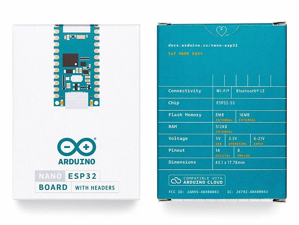 Arduino Nano ESP32 with Headers [ABX00083] - Scheda compatta con microcontrollore ESP32, WiFi e Bluetooth integrati, ideale per progetti IoT, automazione e applicazioni connesse con Arduino IDE.