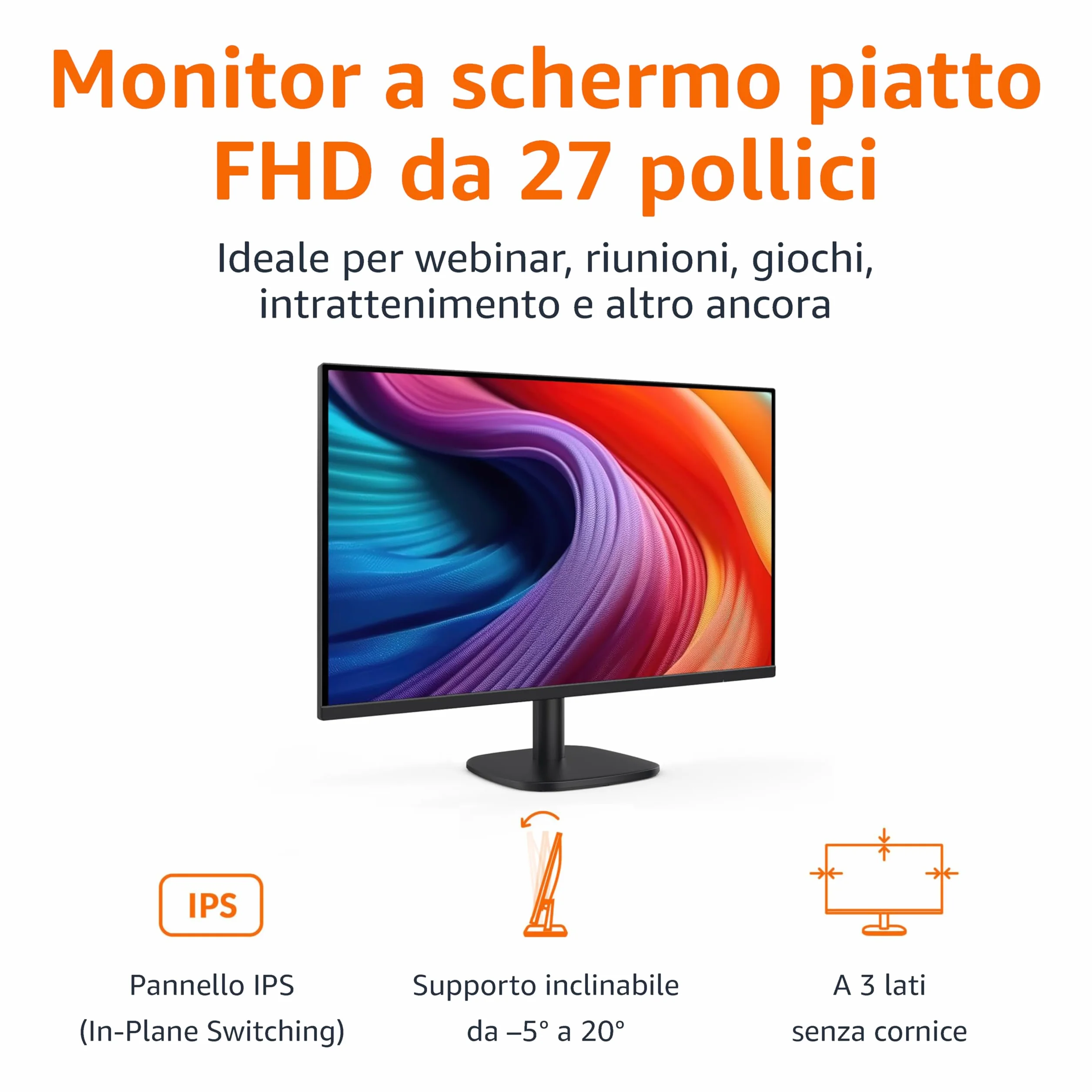 Amazon Basics Monitor da 27", FHD 1080p, massimo 100 Hz, compatibile con VESA, altoparlanti integrati, Nero