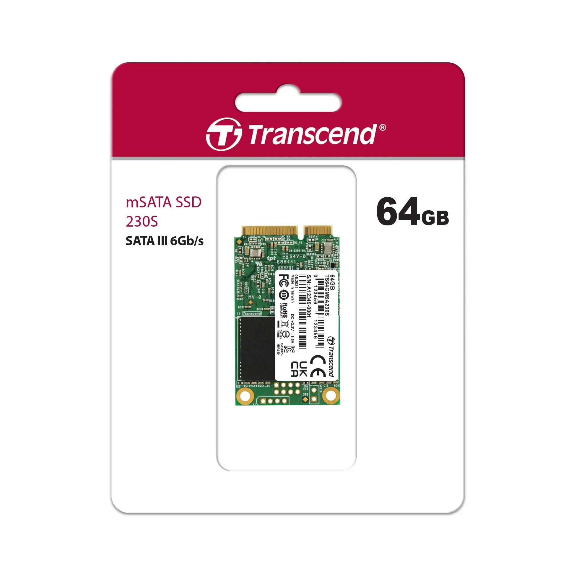 Transcend SSD MSA230S mSATA SATA III 6 Gb/s da 64 GB, memoria 3D TLC NAND - TS64GMSA230S