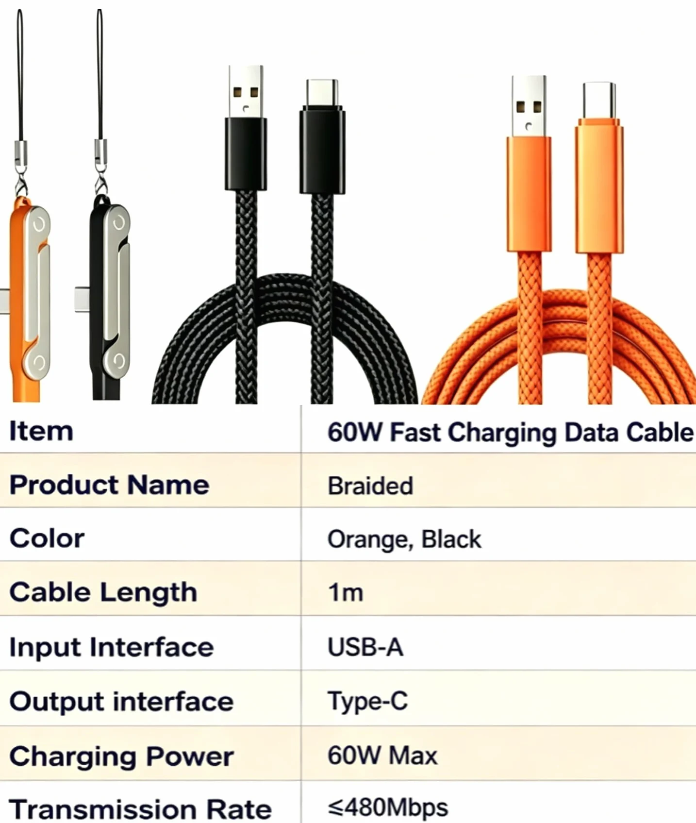Cavo di ricarica rapida da USB A a tipo C da 60 W con supporto pieghevole per telefono, cavo di ricarica in nylon intrecciato da 1 m, 480 Mbps, sincronizzazione dati USB-C cavo di ricarica per