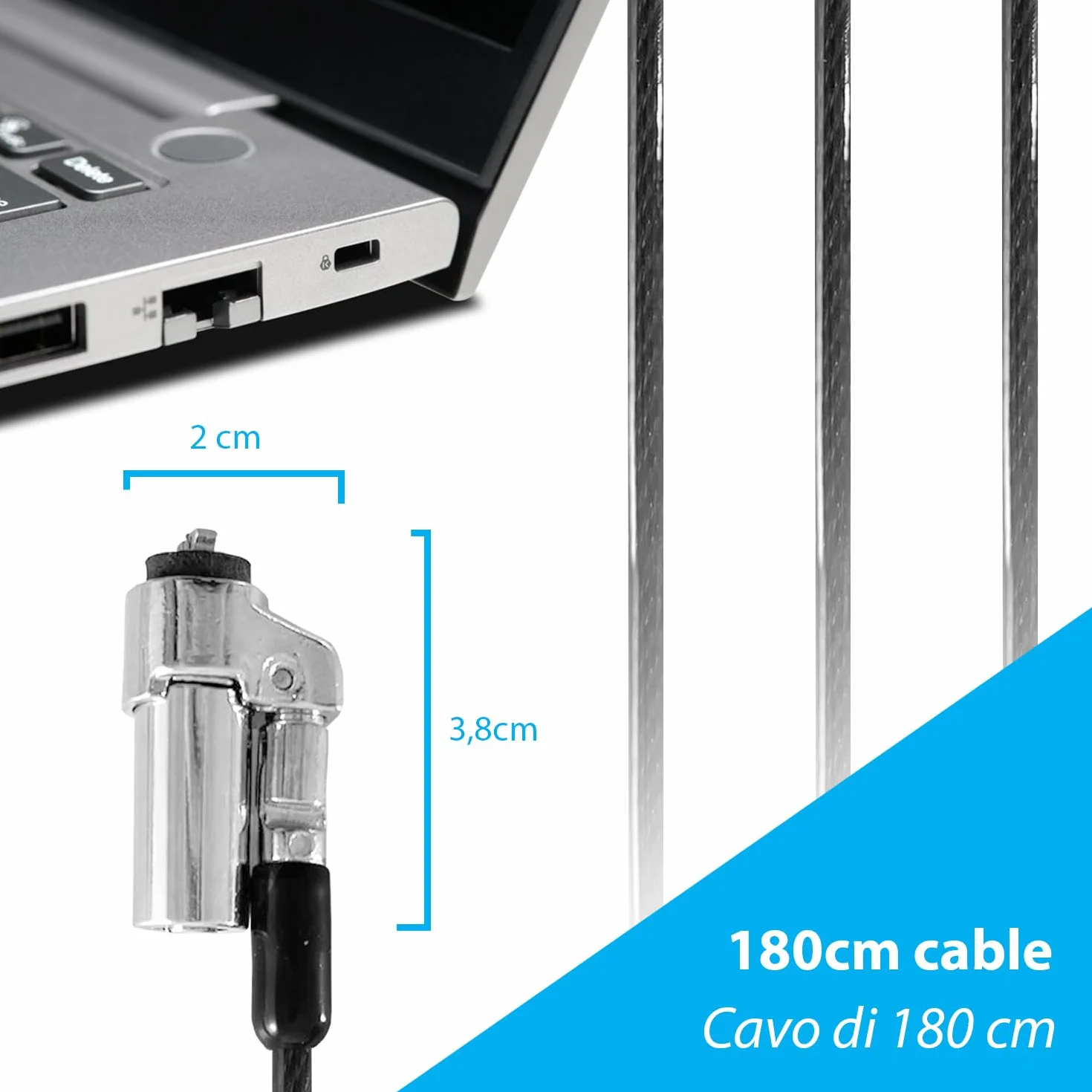 Cable Technologies Cavo di Sicurezza Nano Acciaio antifurto 180 cm per Notebook, Slot di Sicurezza Kensington Nanosaver, Chiusura a Chiave, 2 Chiavi, Blocco di Protezione Nano Saver, Rivestimento PVC