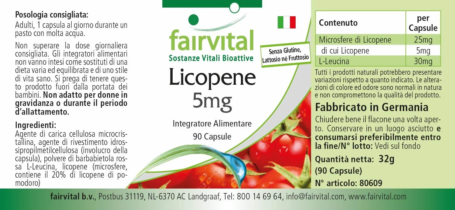 Fairvital Capsule di Licopene 5 mg, 90 Capsule, Alto Dosaggio, Vegane, da Estratto di Pomodoro
