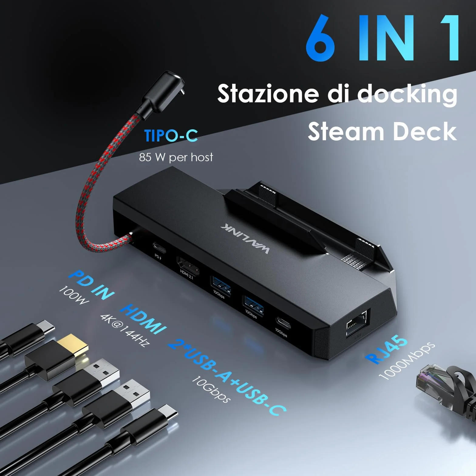 WAVLINK Steam Deck Dock, 6-IN-1 Docking Station per Steam Deck/ROG Ally con 4K@144Hz HDMI 2.1, 100W PD IN, 3x 10G USB 3.2, Gigabit RJ45