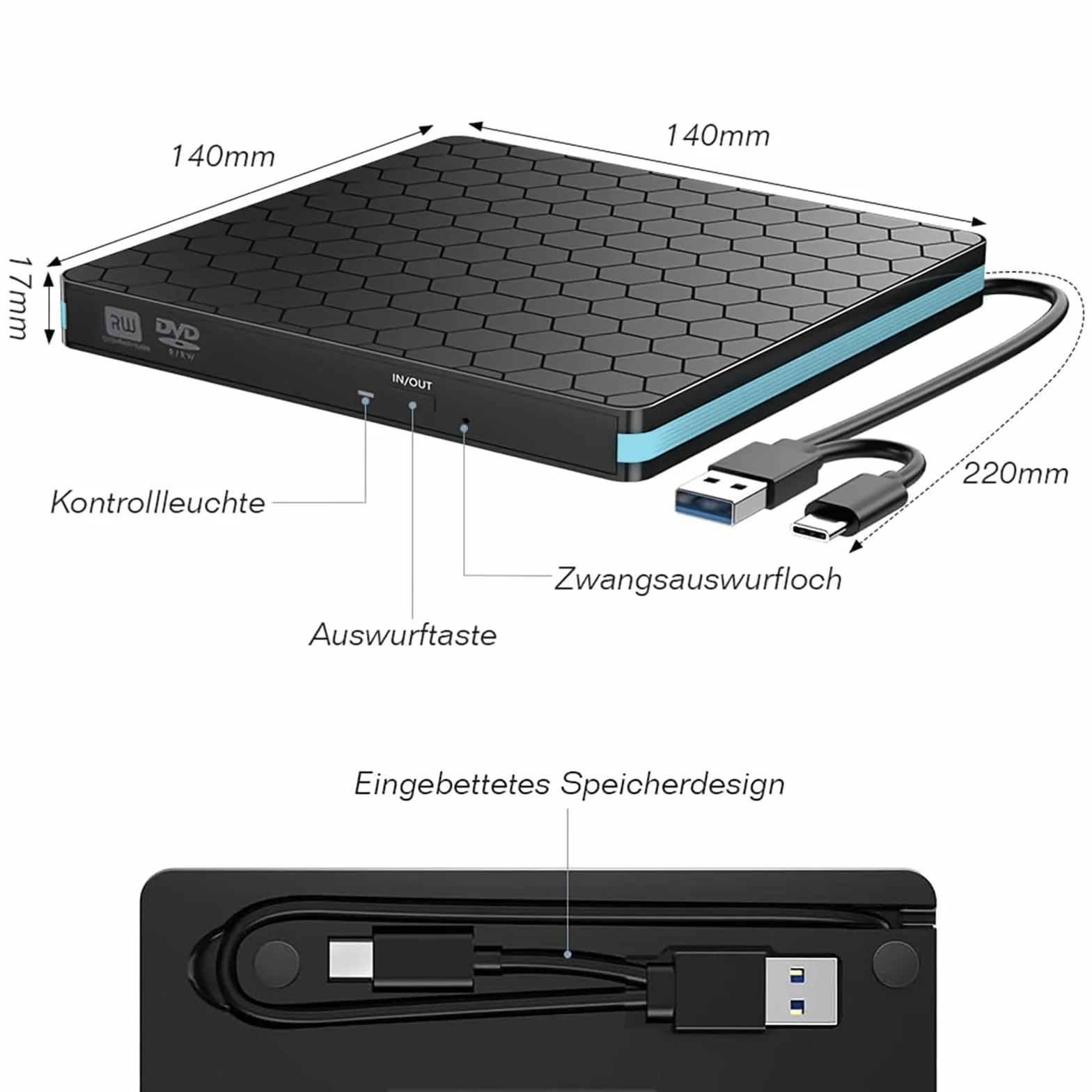 Masterizzatore DVD Esterno, Lettore CD Esterno per PC Portatile Unità Esterna USB 3.0 DVD-R CD-RW Drive Dispositivo Ultra Slim Per Laptop Windows 98/ME/ 2000/XP/Vista/7/8/10/11 Mac Linux