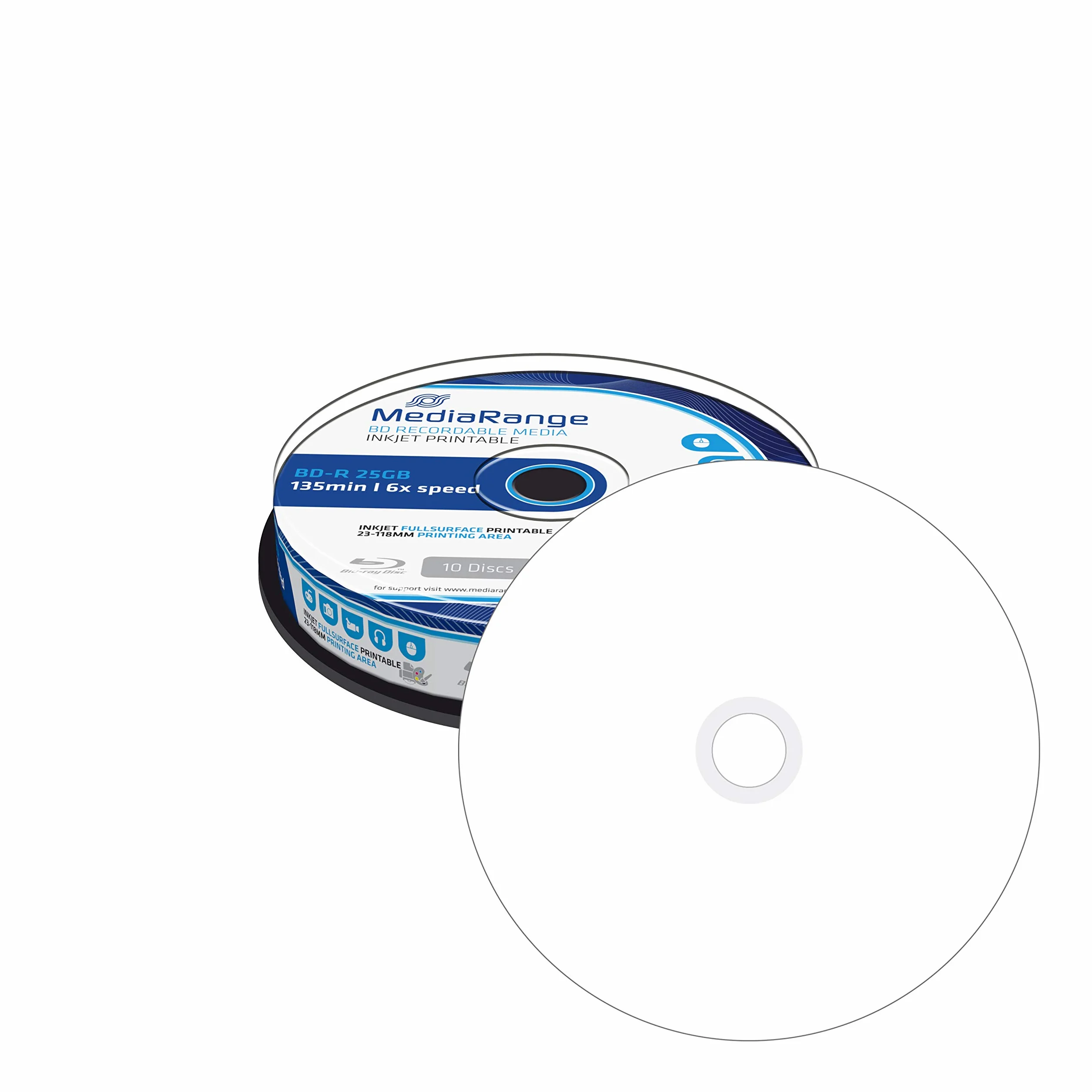 10 BD-R Blu Ray vergini Mediarange 25GB 120Min stampabili full face printable