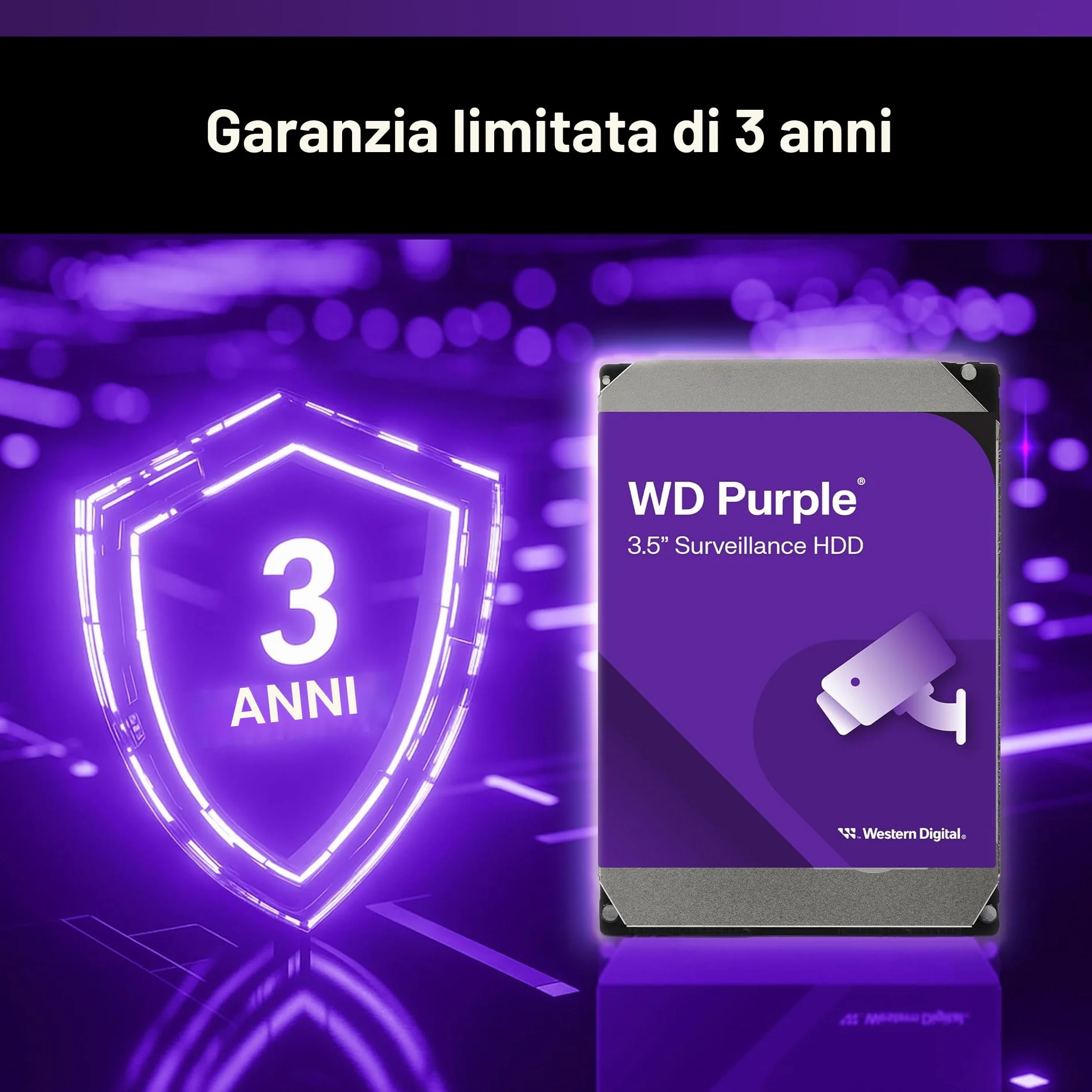 WD Purple 2TB per Videosorveglianza, Hard Disk Interno 3,5” - Tecnologia AllFrame, SATA 6 Gbit/s, 180TB/anno, Cache da 64 MB