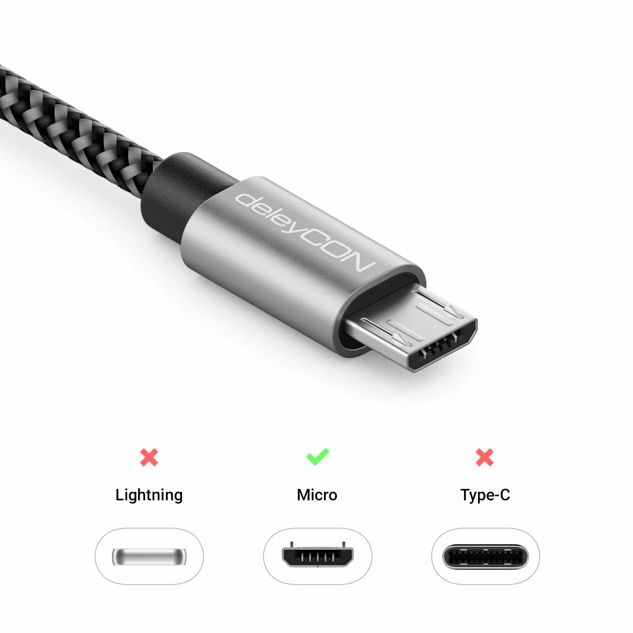 deleyCON 3,0m Cavo Micro USB in Nylon Cavo di Ricarica e Dati con Connettori in Metallo per Ricarica e Sincronizzazione Telefono Smartphone Tablet